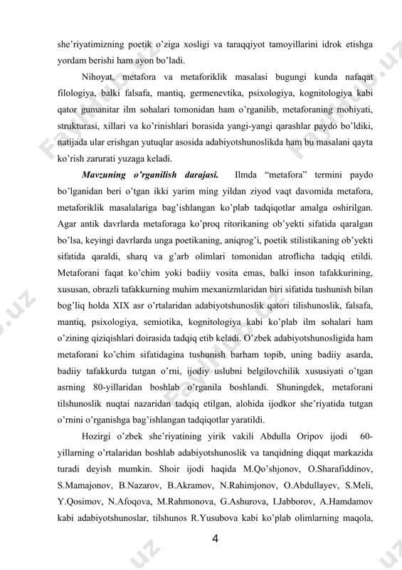 shda metaforaning rolini tadqiq etish orqali metaforiklik shoirning uslubiy o’ziga xosligini belgilovchi bosh omil ekanini ochib berishdan iboratdir. bitiruv malakaviy ishning vazifalari. mazkur maqsadiga erishish uchun quyidagi vazifalarni bajarish ko’zda tutildi: · metafora va uning badiiy tafakkurdagi, xususan, poeziyadagi o’rni masalasiga oid nazariy qarashlarni o’rganish va umumlashtirish; · metaforaning bu jihatlarini a.oripov she’riyati misolida ochib berish; · a.oripovga xos badiiy tafakkurda metaforiklikning ustuvorligi va buning omillarini o’rganish; · shoir ijodidagi metaforalarning manbalarini aniqlash, ularning ko’chim, poetik obraz va butun boshli she’r darajasidagi ko’rinishlarini tavsiflash; · metaforaning she’r butunligida tutgan o’rni, badiiy matndagi mazmuniy aloqalari va funsiyalarini tadqiq etish; · shoir ijodidagi timsol she’rlarni tadqiq etish, ularning ko’rinishlarini tasniflash va qiyosiy asosda she’r-metaforaning o’ziga xos xususiyatlarini ochib berish. bitiruv malakaviy ishning ilmiy yangiligi. a.oripov she’riyatidagi metaforalarning ilk bor yizim sifatida tadqiq etilgani, metaforiklikka shoir badiiy tafakkuriga xos bosh xususiyat sifatida qaralgani va shundan kelib chiqib metaforiklik ijodkor uslubini belgilagan asosiy omil …