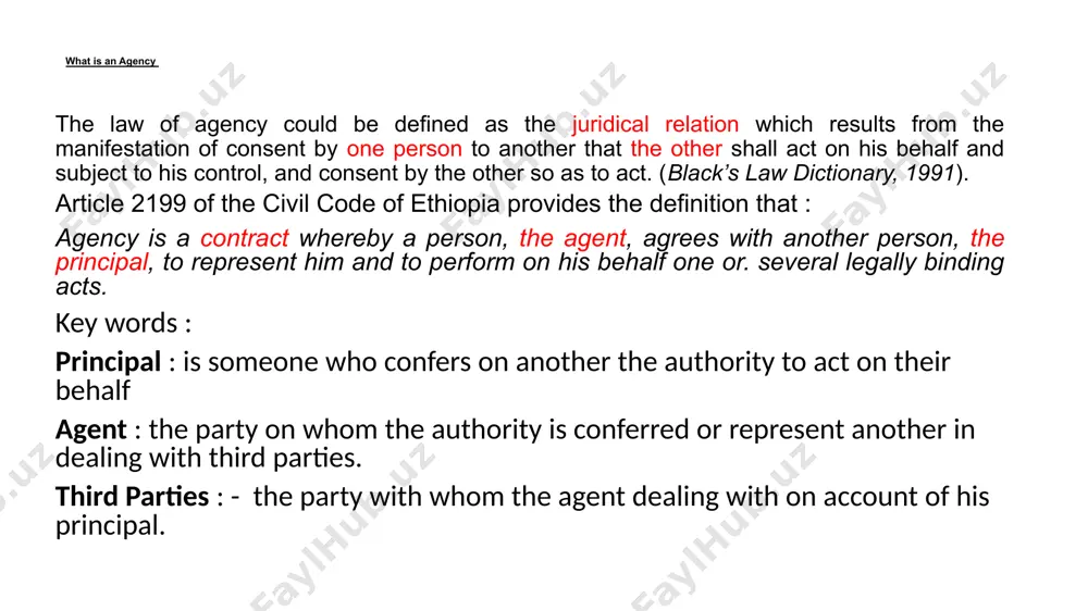 al interdicted persons can not exercise their right of contracting unless they carried out using their tutors, trustees, sources of agency authority derived from a contract : - authority by judicial act. authority derived from the law. tests of agency (how do we know agnecy relationship exists?) agency many proven if the following three particulars are present : authority run between the principal and agent (law, contract, judicial rulings) being subject of control (not micro management but control the relationship) the agent has to be acting on behalf of the principal ex. a general manager of a certain plc is an agent of that plc. hence, his authority is derived from articles and memorandum of association of the company. he should represent the company and carried out his authority with in the scope of power given by the company articles of incorporations. his power is controlled by the general assembly …