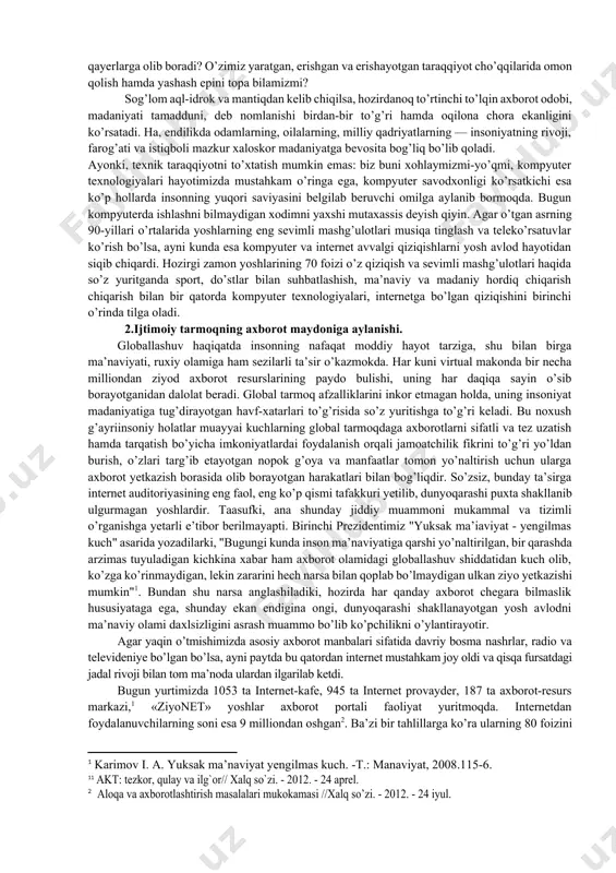 i. 2017-yil 7 iyundan boshlab rossiyada internetda „oʻlim guruhlari“ ni tashkil etganlik uchun jinoiy javobgarlik toʻgʻrisidagi qonun kuchga kirdi, u 6 yilgacha qamoq jazosini koʻzda tutadi . v.kontakte ijtimoiy tarmogʻining yaratuvchisi pavel durov dld konferensiyasida bergan intervyusida internet-trolling muammolarini aytib oʻtdi va ularni telegramning tayyor server yechimlari va protokollaridan foydalangan holda liveonce yangi ijtimoiy tarmogʻini yaratish orqali hal qilishga vaʼda berdi. hozir butun dunyodagi odamlarning 63 foiz qismi internetdan foydalanadi. qariyb 1 yillik davr mobaynida internet foydalanuvchilari soni 200 millionga ortgan. bu haqda innovastion rivojlanish vazirligi xabar bermoqda. foydalanuvchilarning asosiy qismi (92,4 foiz) mobil qurilmalar orqali internetdan dunyo bo’yicha 3 milliarddan ortiq messenjer foydalanuvchilar mavjud. eng ko’p foydalanuvchiga ega bo’lgan platformalar facebook va whatsapp bo’lib, 2,5 milliarddan ortiq odam ulardan doimiy foydalanadi. bundan tashqari bir qancha rivojlangan mamlakatlarda milliy messenjerlar ham mavjud. jumladan, yaponiyada line, janubiy koreyada kakaotalk va xitoyda wechat. statista.com sayti eng ommabop messenjerlar ro’yxatini e’lon qilgan: · …