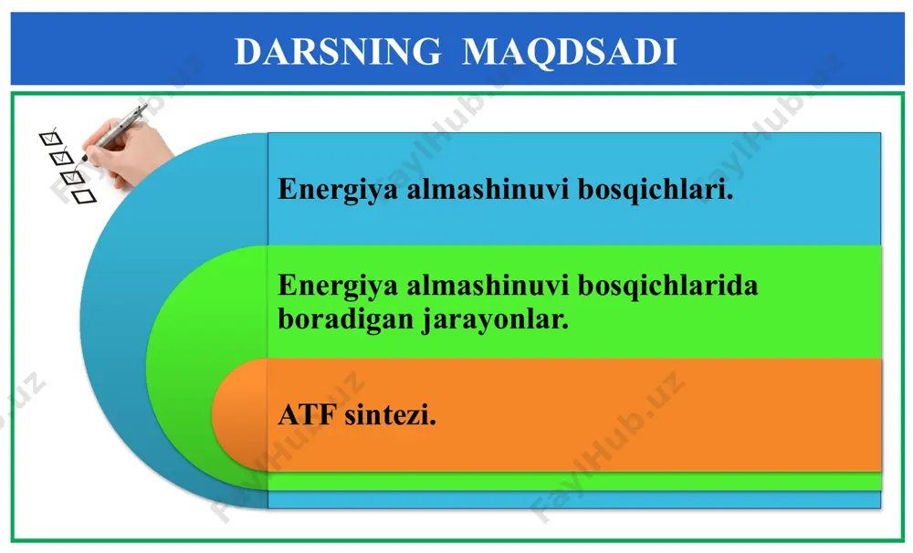kj energiya atfda tejaladi. 6 6 6 atfni faqat kislorodsiz jarayondan foydalanishda 1 : 20 nisbat. mustahkamlash bosqich reaksiya ajraladigan energiya miqdori atf miqdori atfda tejaladigan energiya miqdori tayyorgarlik kislorodsiz parchalanish kislorodli parchalanish mustahkamlash bosqich reaksiya ajraladigan energiya miqdori atf miqdori atfda tejaladigan energiya miqdori tayyorgarlik polmerlarning monomerlargacha parchalanishi barchasi kislorodsiz parchalanish c6h12o6 + 2h3po4 + 2adf = 2c2h5oh + 2atf + 2h2o + 2co2 120 kj 2 molekula 80 kj kislorodli parchalanish 2c3h6o3 + 6o2 + 36h3po4 + 36adf = 6co2 + 36atf + 42h2o 1160 kj 36 molekula 1440 kj 1. darslikning 32-§, 81- 83-sahifalarini o‘qib chiqing va savollarga javob bering. uyga vazifa 2. darslikning 83-sahifasidagi masalani yechimini toping. image1.png image2.jpeg image3.png image4.jpeg image5.png image6.jpeg image7.png image8.jpeg image9.jpeg image10.jpeg image11.jpeg image12.jpeg