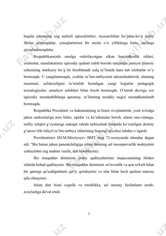 lom va jahon sivilizatsiyasiga qo'shgan bebaho hissasini alohida qayd etmoqchiman. ana shunday buyuk allomalardan biri imom buxoriy o'z ahamiyatiga ko'ra islom dinida qur'oni karimdan keyingi muqaddas kitob hisoblangan "sahihi buxoriy"ning muallifi sifatida butun dunyoda tan olingan” shu o’rinda e’tirof etish kerakki, mamlakat iqtisodiyotida, shu jumladan, ta’lim tizimida amalga oshiriladigan islohatlar o’z-o’zidan bo’lmayapdi. ular katta kuch, mablag’, mehnat evaziga amalga oshirilmoqda. mamlakatimiz istiqlolining eng daslabki kunlaridanoq, buyuk ma’naviyatimiz va qadriyatlarimizni, xalqimiz yaratgan og’zaki yodgorliklarni tiklash va yanada yuksaltirish, milliy ta’lim-tarbiya tizimini shakllantirish, zaminini mustahkamlash, uni davr talablari bilan uyg’unlashtirish asosida jahon andozalari va ko’nikmalari darajasiga olib chiqish maqsadlariga favqulotda katta ahamiyat berildi. ma’lumki har qanday millatning yangilanishi yoshlar tarbiyasidan boshlanadi. yoshlar esa bugungi kunda oilada va asosan ta’lim-tarbiya munosabatlarida shakillantiriladi. ta’lim vositalari o’quvchilarning ruhiy, jismoniy, genetik va mintaqaviy o’ziga xosliklarini to’liq hisobga olgandagina yuqori samaradorlikka erishish mumkin. kurs ishning obyekti: mutafakkirlar allomalarimiz merosining farzand kamolotida tutgan o‘rni o’tish metodikasi kurs ishning …