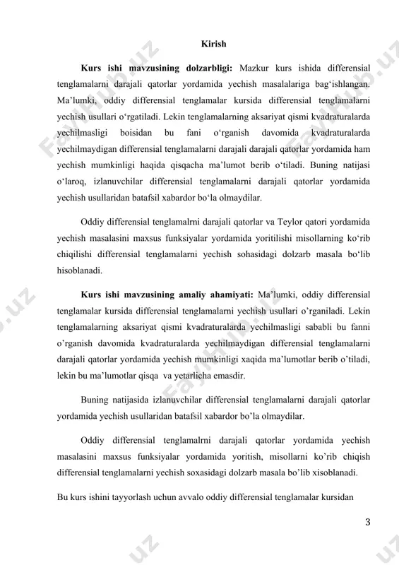 ilgan deganda uning koeffitsiyentlari berilgan deganini tushunamiz. misollar. ushbu 1. 2. qatorlar darajali qatorlardir. shunday qilib, darajali qatorlarning har bir hadi () da berilgan funksiyadir. binobarin, darajali qatorni, normal nuqtai nazardan, () da qarash mumkin. ammo, tabiiyki, ularni ixtiyoriy nuqtada yaqinlashuvchi bо‘ladi deya olmaymiz. albatta, ixtiyoriy darajali qator nuqtada yaqinlashuvchi bо‘ladi. demak, darajali qatorning yaqinlashish sohasi albatta nuqtani о‘z ichiga oladi. darajali qatorning yaqinlashish sohasi (tо‘plami) strukturasini aniqlashda quyidagi abel teoremasiga asoslanadi. 1-teorema (abel teoremasi). agar (1.1.1) darajali qator ning qiymatida yaqnlashuvchi bо‘lsa, ning (1.1.3) tengsizlikni qanoatlantiruvchi barcha qiymatlarida (1.1.1) darajali qator absolyut yaqinlashuvchi bо‘ladi [1, b 56]. 2.darajali qatorning yaqinlashish radiusi va yaqinlashish intervali. endi darajali qatorning yaqinlashish sohasi strukturasini aniqlaylik. 2-teorema. agar (1.1.1) darajali qator ning ba’zi () qiymatlarida yaqinlashuvchi, ba’zi qiymatlarida uzoqlashuvchi bо‘lsa, u holda shunday yagona haqiqiy son topiladiki (1.1.1) darajali qator ning tengsizlikni qanoatlantiruvchi qiymatlarida absolyut yaqinlashuvchi, tengsizlikni qanoatlantiruvchi qiymatlarida esa uzoqlashuvchi bо‘ladi [1, b …
