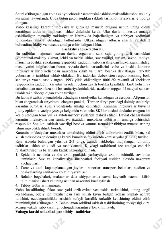 anligi shu sababdan kasallikni ogir va uta ogir kechishi kuzatiladi. tetratsiklin, levomitsetin kabi antibiotiklar ularga ta’sir etmasligi bu shtammlarning uziga xos xususiyatiga ekanligi aniklandi. ushbu xususiyatiga ega vibrionlar asosan bemorlardan olingan materialdan topildi. toshkent, buxoro viloyatlaridan ayrim tumanlarida olingan suv namanalaridan xam xuddi shunday xususiyatiga ega vibrionlar topildi. u vibrionlar kuzgotgan kasallik, odamlarda urta va ogir kurinishda kechadigan xollari kupligi, ba’zan shiddatli kecheshi, davolashda tetratsiklin guruxiga mansub dorilar va levomitsetin naf bermasligig bilan xarakterlanadi. vabo kasalligi oldini olish tadbirlarini kurmagan davlatlarda epidemiologiya vaziyat uta xavfli bulib, kasallik keng tarkalishi xavfi mavjud. binobarin, vaboning ogir kechishi tufayli 30-40 % bemorlar vabo kurboni bulganligi jaxon adabiyotida kayd kilinmokda. epidemiologik taxlil, yangi xususiyatli virionlar bizning yurtimzda, tashkaridan, jumladan afgoniston, pokiston kabi davlatlardan bevosita, yoki tojikiston respublikasi orkali kirib kelib tarkalayotgannin kursatdi. kursatib utilgan omillar va boshka xorijiy davlatlar bilan iktisodiy va madaniy alokalar kengayib borayotganini nazarda tutib, vaboga karshi olib borilayotgan tadbirlar xajmini …