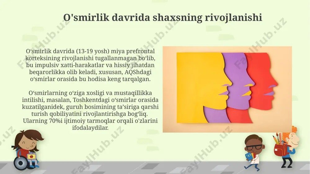 shlar o'smirlik davrida (13-18 yosh) jinsiy etuklikka erishish bilan bog'liq gormonal o'zgarishlar hissiy jihatdan katta ta'sir ko'rsatadi, kayfiyatning tez-tez o'zgarishi va hissiy beqarorlikka olib keladi, ayniqsa, g'arbiy mamlakatlarda kuzatiladi. o'smirlarning 70% gacha qismi o'z tanalariga va tashqi qiyofasiga nisbatan norozilikni boshdan kechiradi, bu esa o'ziga ishonchsizlik va depressiya kabi hissiy muammolarga olib kelishi mumkin, ayniqsa, samarqand kabi yirik shaharlarda. o'smirlik davrida ijtimoiy munosabatlar oʻzbekistonning qishloq hududlarida yashovchi oʻsmirlarga nisbatan shaharlardagi oʻsmirlar ijtimoiy tarmoqlar orqali 2-3 baravar koʻproq muloqot qilishadi, bu esa ularning ijtimoiy munosabatlariga turli ta'sirlarni keltirib chiqaradi. oʻsmirlik davrida tengdoshlar guruhlari ahamiyati sezilarli darajada oshgan boʻlib, 13-17 yoshdagi oʻsmirlarning 70% ga yaqini oʻz tengdoshlari bilan koʻproq vaqt oʻtkazishni afzal koʻrishadi, bu esa ularning shaxsiy rivojlanishi va ijtimoiylashuvida muhim rol oʻynaydi. e'tiboringiz uchun rahmat @taqdimot_robot image6.jpg image7.jpg image8.jpg image9.jpg image10.jpg image11.jpg image12.jpg image13.jpg image14.jpg image1.png