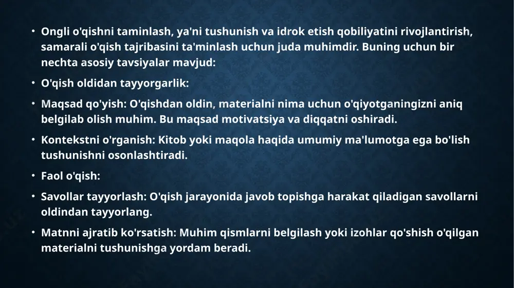sh): o'qiganingizni yodda saqlash uchun asosiy fikrlarni qayta hikoya qiling yoki yozing. review (qayta ko'rib chiqish): o'qish tugagandan so'ng, materialni qayta ko'rib chiqish orqali bilimingizni mustahkamlang. aktiv eslatma olish: diagrammalar va grafikalar: matnning murakkab qismlarini tushunishni osonlashtirish uchun diagramma va grafikalar chizing. mind-mapping: bosh miya xaritasi chizish orqali asosiy tushunchalarni bir-biriga bog'lang. samarali o'qish joyi yaratish: yorug'lik va ergonomika: yaxshi yorug'lik va qulay o'tirish joyi o'qish samaradorligini oshiradi. minimalizm: ish stoli yoki o'qish joyi minimalistik bo'lsin, ortiqcha narsalar diqqatni chalg'itmasin. yodlash va tushunishni oshirish feynman usuli: o'rganish va tushuntirish: o'rgangan narsangizni o'zingizga yoki boshqalarga sodda qilib tushuntirishga harakat qiling. tushuntira olsangiz, demak, yaxshi tushungansiz. bo'sh joylarni to'ldirish: tushuntirish jarayonida aniqlangan kamchiliklarni aniqlang va ularni to'ldirishga harakat qiling. maslahat olish va fikr almashish: o'qish guruhlari: boshqalar bilan birga o'qish va muhokama qilish yangi fikrlar va tushunchalar olishga yordam beradi. mentor yoki murabbiy: murabbiydan yordam olish o'qish jarayonini osonlashtiradi va murakkab tushunchalarni …
