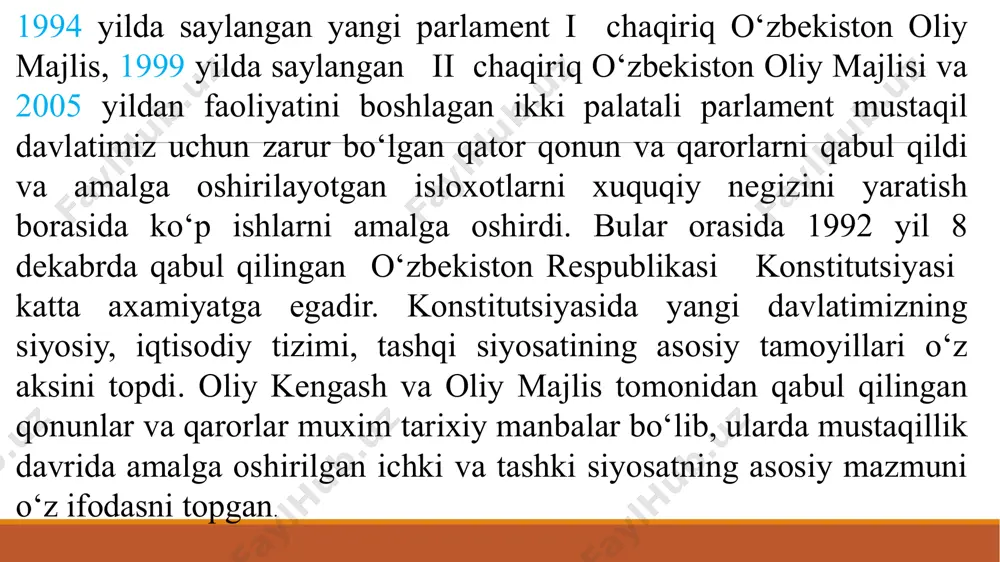 xoqonligi), o‘rta asr (temuriylar, shayboniylar) va zamonaviy davrlar bir butun tarixiy tizimda o‘rganilmoqda. o‘zbekiston hududida davlatlilikning uzviyligi isbotlanmoqda. /docprops/thumbnail.jpeg