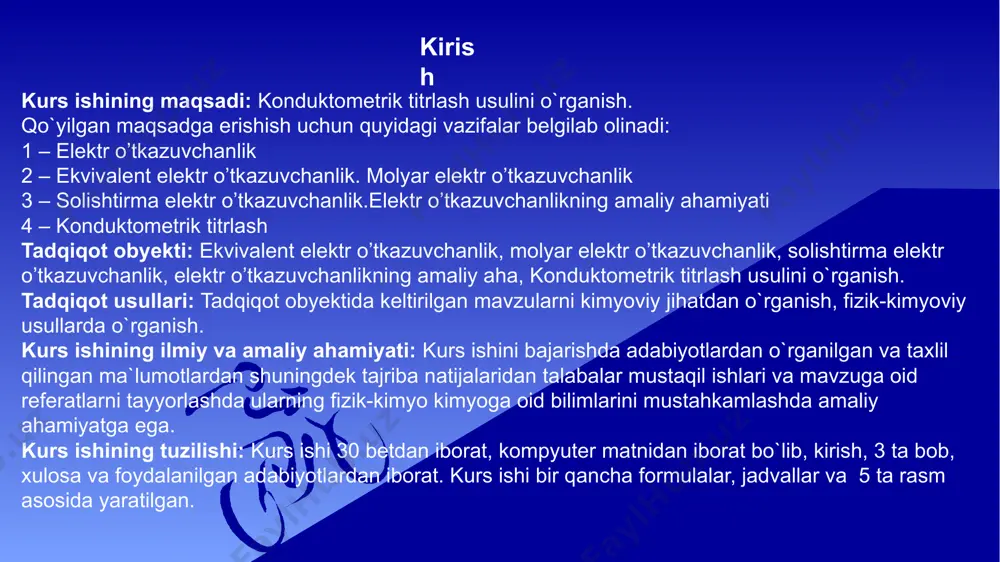 kimyoviy o’zgarishga uchramaydi, modda bir joydan ikkinchi joyga ko’chmaydi. bu elektr o’tkazuvchi moddalarga metallar, grafit, selen va ba‘zi metalloidlar kiradi. bunday o’tkazuvchilarda elektr toki elektronlar oqimidan iborat bo’ladi. moddalarning elektr o’tkazuvchanligi, ularning qarshiligiga teskari proporsional qiymatga ega va u quyidagicha ifodalanadi: bu yerda: k – o’tkazuvchanlik, r – qarshilik. o’tkazgichning qarshiligi jismning uzunligiga to’g’ri ko’ndalang kesimi yuzasiga teskari proporsional: bu yerda: p – solishtirma qarshilik. uzunligi 1 sm, ko’ndalang kesimi 1sm3 bo’lgan o’tkazgichning qarshiligi solishtirma qarshilik deyiladi. yuqoridagi formuladagi ga teng, с esa idishning qarshilik sig’imi deb yuritiladi (l – elektrodlararo masofa; s – elektrod sirti). i.2 – ionlar harakatchanligi. kolraush qonuni. elektrolit eritmalaridagi ionlarning harakatini ifodolovchi tushuncha ionlarning harakatchanligi deyiladi. ionlarning harakatchanligi ularning haqiqiy tezligiga to’g’ri proporsionaldir. ionning eritma ichida potensiallar ayirmasi santimetrga bir volt bo’lgandagi tezligi, ya‘ni ionning bir sekundda necha santimetr yo’l yurishini ko’rsatadigan son ion harakatining absolyut tezligi deyiladi. masalan, ba‘zi bir ionlarning absolyut harakat tezligi …