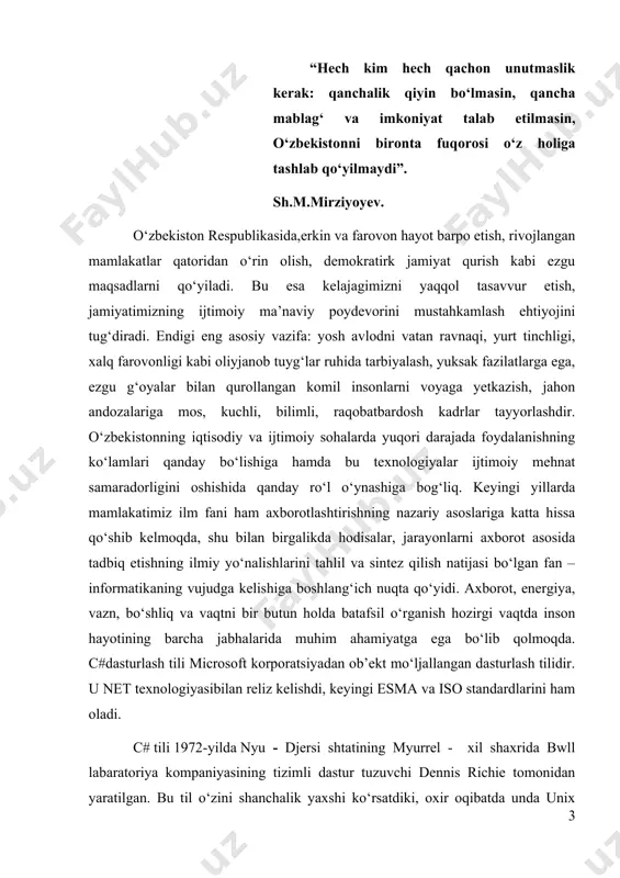 n boshlab ishlatila boshlagan. c#ning bosh arxitektori butun dunyo dasturchilari ichida birinchilar qatorida turgan va butun dunyo tomonidan tan olingan anders hejlsberg bo‘ldi. uning 1980-yillarda chiqarilgan turb pascal dasturi orqali hm tanishimiz mumkin. c# dasturlash tili bevosita c, c++ va java dasturlash tillari bilan bog‘liq. chunki bu 3ta til dasturlash tillari bo‘yicha eng mashhurlaridir. c# va java dasturlash tillari o‘zaro o‘zgacha bog‘langan. ularning kelib chiqishi c va c++ bo‘lsada o‘zaro bir biridan farq qiladi. c# dasturlash tili ham ob’ektga mo‘ljallangan tillar sirasiga kiradi. kurs ishining maqsadi va vazifalari: ushbu kurs ishi hozirgi kunda kompyuterda berilgan masalalarni dasturlash tillari orqali yechish, math sinfi va uning metodlari bilan ishlash va shunga o‘xshash tushunchalardan foydalanish kabi vazifalarni o‘rganishga olib keladi. talabalarda c# dasturlash tilini yanada mustahkamlash va uning nazariy va amaliy qismlarini o‘rganiladi. dasturiy interfeyslarni ishlatishni to‘liq qo‘liq qo‘llab – quvvatlash, sohaga yo‘naltirilgan dasturiy tehnologiyalarni qo‘llab quvvatlashlar o‘rganiladi. kurs ishini tayyorlashda foydalanilgan adabiyaotlar …