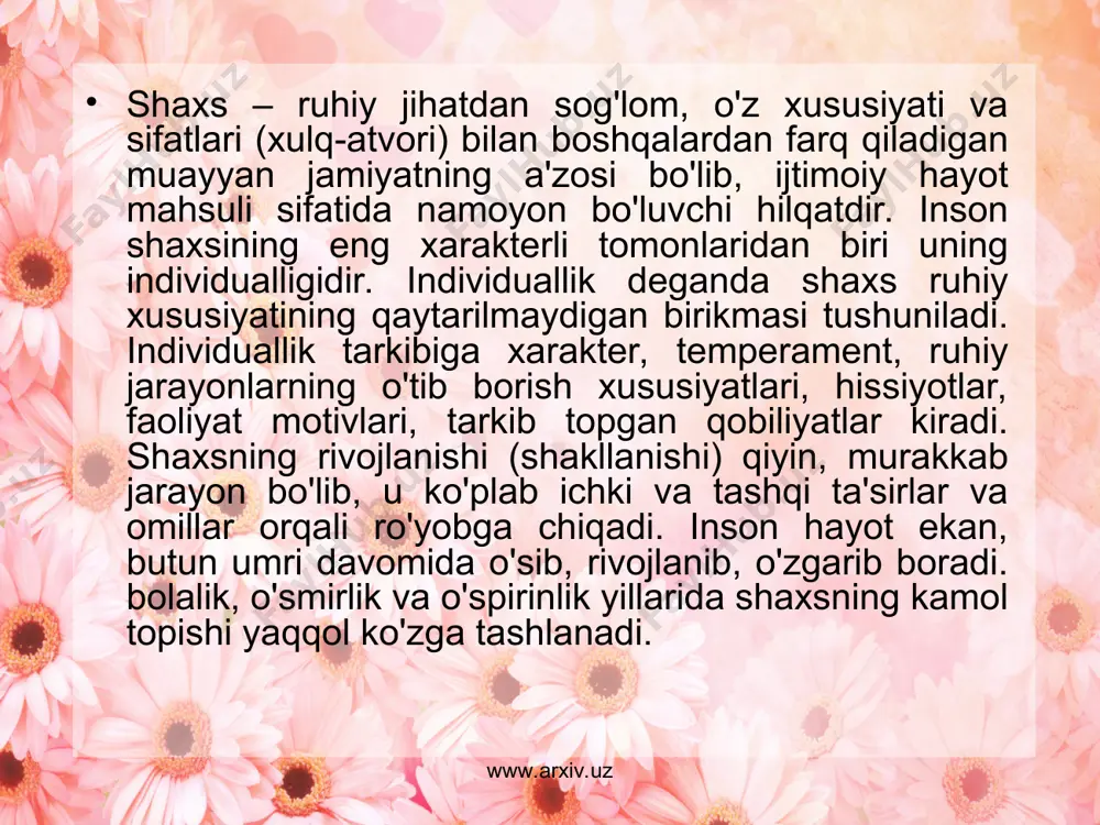 yatlar ham deb ataladi. bolaning fiziologik xususiyatlariga oliy nerv faoliyatining tug'ma o'tishiga aytiladi. irsiylik – kishining o'ziga xosligini belgilab beradigan anatomik, fiziologik, psixologik, tashkiliy jihatlar, ota-ona tomonidan irsiy birliklar orqali o'tadigan xususiyatlar (belgilardir). www.arxiv.uz www.arxiv.uz biologik omilning inson shakllanishidagi o'rni muhim va o'ziga xos irsiyatning ahamiyatini inkor etib bo'lmaydi, insonga xos xususiyatlar – aqliy va jismoniy mehnat qobiliyati, tafakkur va nutq ham tug'ma o'tishi mumkin, lekin bu tug'ma imkoniyatlar rivojlanishi uchun inson bolasi insoniy muhit, odamlar orasida yashashi, odamlar bilan aloqa qilishi, ijtimoiy hayotda qatnashishi va ma'lum xulq-odob qoidalariga amal qilishi lozim. chunki inson biologik mavjudot sifatida emas, balki ijtimoiy mavjudot sifatida rivojlanadi va kamolga yetadi. bola nutqni egallashi uchun nutq sharoitida, mehnat qilish uchun mehnat sharoitida, aqliy taraqqiy etmog'i uchun aqliy faoliyat sharoitida yashamog'i kerak. www.arxiv.uz www.arxiv.uz www.arxiv.uz o’qish faoliyat turi xarakter faoliyat maqsad qo’yish xususiyat bola rivojlanishi bilish o’yin mehnat qobiliyat iste’dod intilish o’quvchi chaqaloq www.arxiv.uz o'quvchining aqliy …