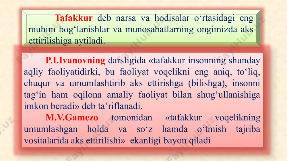 qilinishi zarur bo‘lgan vazifa ko‘pincha ifodalanishi shart bo‘lgan maqsadni ham aks ettirib keladi. maqsad esa insonning izlanayotgan noma’lum voqelikni topishga gumon va hayajon, shubha hislaridan xalos etishga qaratilgan maylidir. ijodiy tafakkurning navbatdagi tarkibiy qismlari quyidagicha aks ettiriladi: qo‘yiladigan savollarga javob berish, masalani yechishga yordam beradigan yo‘llar, usullar, vositalar, qoidalar va ko‘nikmalarni qidirish, ularni tanlash hamda mazkur faoliyatda ularni tadbiq qilish va boshqalar. ijodiy fikrlashni ta’minlovchi omillar: fikr yuritish faoliyatida eng avval hal qilinishi zarur bo‘lgan masala inson tomonidan aniqlab olinishi kerak. muammo yoki masalani hal qilish zarur bo‘lgan barcha bilimlarni tadbiq qilish uchun intilish. masalaga, muammoga taalluqli gipoteza olg‘a suriladi, bosqichlar taxmin qilinadi, yechim to‘g‘risida farazlar ishlab chiqiladi, turli variantlar hamda variatsiyalar haqidagi mulohaza yuritiladi, o‘zaro xayolan solishtirib, eng samarali alomatlar ajratiladi va hokazo muammo oldiga qo‘yilgan farazni tekshirish zarurati tug‘iladi. muammoni nazariy jihatdan hal qilish uchun ilgari surilgan gipoteza adekvat emasligi, noto‘g‘ri ekanligi aniqlansa, u fikr yuritish ob’ektidan siqib …