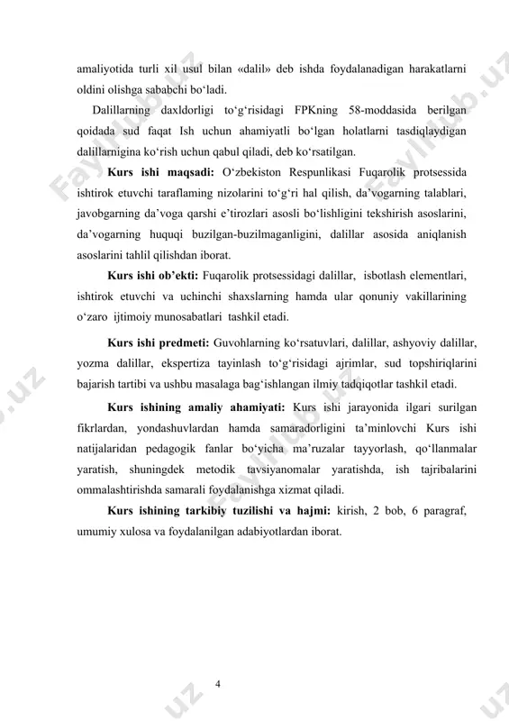 uchinchi shaxslarning hamda ular qonuniy vakillarining o‘zaro ijtimoiy munosabatlari tashkil etadi. kurs ishi predmeti: guvohlarning ko‘rsatuvlari, dalillar, ashyoviy dalillar, yozma dalillar, ekspertiza tayinlash to‘g‘risidagi ajrimlar, sud topshiriqlarini bajarish tartibi va ushbu masalaga bag‘ishlangan ilmiy tadqiqotlar tashkil etadi. kurs ishining amaliy ahamiyati: kurs ishi jarayonida ilgari surilgan fikrlardan, yondashuvlardan hamda samaradorligini ta’minlovchi kurs ishi natijalaridan pedagogik fanlar bo‘yicha ma’ruzalar tayyorlash, qo‘llanmalar yaratish, shuningdek metodik tavsiyanomalar yaratishda, ish tajribalarini ommalashtirishda samarali foydalanishga xizmat qiladi. kurs ishining tarkibiy tuzilishi va hajmi: kirish, 2 bob, 6 paragraf, umumiy xulosa va foydalanilgan adabiyotlardan iborat. i bob fuqarolik protsessida isbotlash va dalillar tushunchasi. 1.1 isbotlash tushunchasi, maqsadi va vazifalari fuqarolik ishlarini ko‘rib hal qilishda isbotlash instituti muhim ahamiyatga ega. isbotlash bu faoliyat, jarayon, harakat demakdir. isbotlash jarayoni isbotlash vositalari orqali amalga oshiriladi. isbotlash tufayli dalillar yuzaga chiqadi (vujudga keladi) va asoslantiriladi. isbotlash - sudlarda qonunda ko‘rsatilgan subyektlar tomonidan qonunda ko‘rsatilgan tartibda muayyan fuqarolik ishini hal qilish …