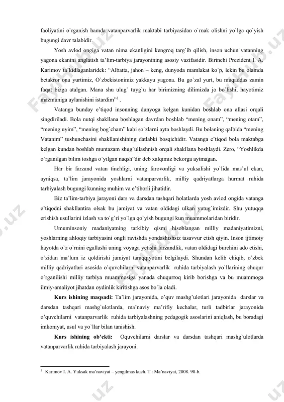 oshlab “mening onam”, “mening otam”, “mening uyim”, “mening bog`cham” kabi so`zlarni ayta boshlaydi. bu bolaning qalbida “mening vatanim” tushunchasini shakllanishining datlabki bosqichidir. vatanga e’tiqod bola maktabga kelgan kundan boshlab muntazam shug`ullashnish orqali shakllana boshlaydi. zero, “yoshlikda o`rganilgan bilim toshga o`yilgan naqsh”dir deb xalqimiz bekorga aytmagan. har bir farzand vatan tinchligi, uning farovonligi va yuksalishi yo`lida mas’ul ekan, ayniqsa, ta’lim jarayonida yoshlarni vatanparvarlik, milliy qadriyatlarga hurmat ruhida tarbiyalash bugungi kunning muhim va e’tiborli jihatidir. biz ta’lim-tarbiya jarayoni dars va darsdan tashqari holatlarda yosh avlod ongida vatanga e’tiqodni shakllantira olsak bu jamiyat va vatan oldidagi ulkan yutug`imizdir. shu yutuqqa erishish usullarini izlash va to`g`ri yo`lga qo`yish bugungi kun muammolaridan biridir. umuminsoniy madaniyatning tarkibiy qismi hisoblangan milliy madaniyatimizni, yoshlarning ahloqiy tarbiyasini ongli ravishda yondashishsiz tasavvur etish qiyin. inson ijtimoiy hayotda o`z o`rnini egallashi uning voyaga yetishi farzandlik, vatan oldidagi burchini ado etishi, o`zidan ma’lum iz qoldirishi jamiyat taraqqiyotini belgilaydi. shundan kelib chiqib, o’zbek …