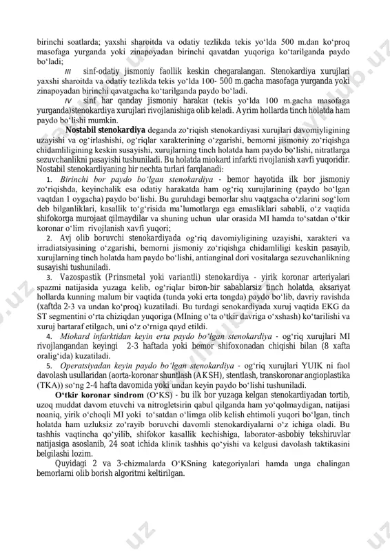 iqish (tez yurish, yuqoriga ko‘tarilish, og‘ir yuk ko‘tarish), asab buzilishi, ko‘p miqdorda ovqat istemol qilish, sovuq, nam va shamolli ob-havo, kuchli hayajonlanish (jumladan, teleko‘rsatuvlar ta’sirida), jinsiy aloqa, dorilar qabul qilishni (antianginal, gipotenziv, antiaritmik) to‘xtatib qo‘yish stenokardiya xurujlari rivojlanishiga olib keladi. stenokardiya xurujlari ba’zan atipik shakllarda namoyon bo‘lib, og‘riqlar jag‘ga, barmoqlarga, epigastral sohaga, o‘ng va chap qovurg‘a yoyi ostiga uzatilishi mumkin. ayrim hollarda og‘riq ikkinchi darajali ahamiyatga ega bo‘lib, bemorda havo etishmaslik, ko‘krak kafasining siqilishi, keskin holsizlik, o‘limdan qo‘rqish hislari kuzatiladi. stenokardiyaning turg‘un va turg‘un bo‘lmagan (nostabil) klinik turlari farqlanadi. turg‘un zo‘riqish stenokardiyasi. xurujlar bir xil darajadagi jismoniy zo‘riqishda paydo bo‘lib, xuruj vaqtida ekgda st segmenti depressiyasi kuzatiladi. u o‘z navbatida bemorni jismoniy zo‘riqishga chidamliligiga ko‘ra to‘rtta funksional sinfga bo‘linadi: i sinf–odatiy kundalik jismoniy zo‘riqish (yurish, zinapoyadan ko‘tarilish) stenokardiya xurujlarini chaqirmaydi. xurujlar kuchli, uzoq vaqt davomida va tez jismoniy zo‘riqishda paydo bo‘ladi; ii sinf- odatiy jismoniy faollik bir oz chegaralangan. stenokardiya …