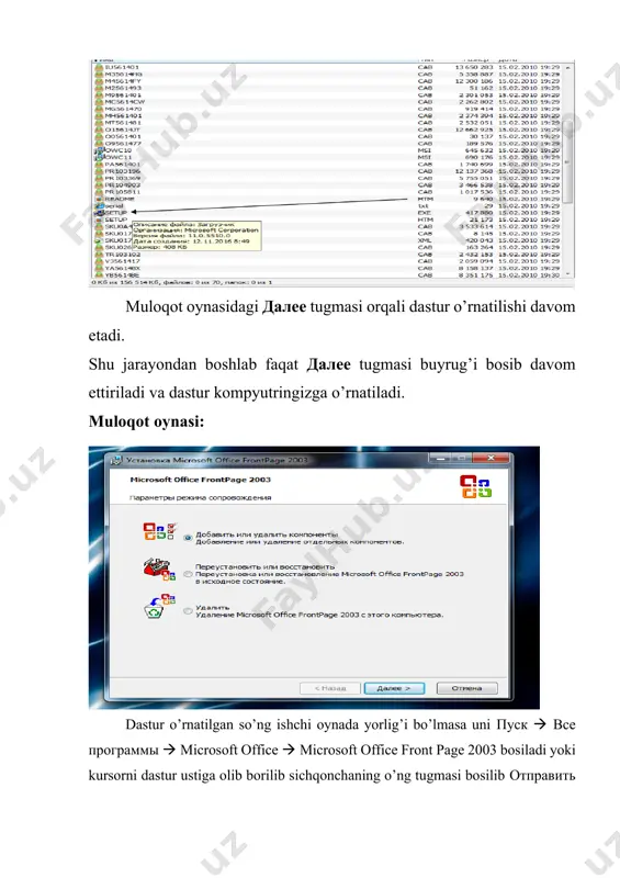 office front page 2003 bosiladi yoki kursorni dastur ustiga olib borilib sichqonchaning o’ng tugmasi bosilib отправить buyrug’i orqali рабочий стол (создат ярлык) buyrug’i bosiladi va uning yorlig’i ishchi oynaga o’tadi. dastur turli qimlardan tashkil topgan. bular: 1. sarlavha satri-bu qismda dastur nomi va undan chiqish, dasturni kichiklashtirish tugmalari joylashgan. 2. menyular satri-файл, правка, вид, вставка, формат, сервис, таблица, данные, рамка, окно, справка. 3. instrumentlar qatori-yangi oyna ochish, mavjud oynani ochish, matnni formatlash va boshqa instrumentlar mavjud. 4. ishchi soha-elektron o’quv uslubiy majmua tayyorlanadigan soha. dasturga yorlig’ orqali kirilgandan so’ng bu dastur orqali elektron o’quv uslubiy majmua yaratib ko’ramiz. dasturning oynasi shu ko’rinishda bo’lib elektron o’quv uslubiy majmua yaratish uchun menyularning tagida joylashgan создание новой обычный страницы tugmasi yonidagi strelka qismi bosiladi va ya’na bir muloqot oynasi hosil bo’ladi. bu muloqot oynasi orqali esa страница рамок menyusi orqali обьявление и оглавление bandi tanlanib ok tugmasi bosiladi. shundan so’ng dastur ishchi oynasi …