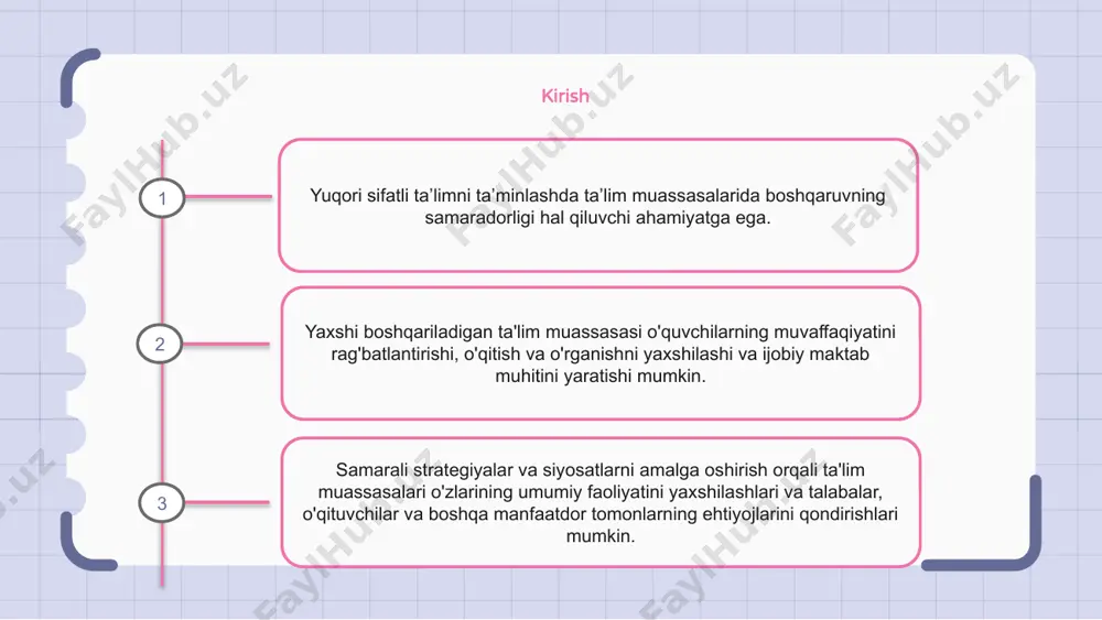 yatlarini taqdim etish ham boshqaruvning umumiy samaradorligiga hissa qo'shishi mumkin. ta'lim muassasalarini boshqarishning asosiy manfaatdor tomonlari ta’lim muassasalarini boshqarishning asosiy manfaatdor tomonlari ularning samaradorligini ta’minlashda hal qiluvchi rol o‘ynaydi. ushbu manfaatdor tomonlarga maktab ma'muriyati, o'qituvchilar, o'quvchilar, ota-onalar va keng jamoatchilik kiradi. birgalikda ishlash va o'z majburiyatlarini bajarish orqali ular ijobiy ta'lim muhitini yaratishga va muassasaning umumiy muvaffaqiyatiga hissa qo'shadilar. ta’lim muassasalari faoliyatini samarali boshqarishda yetakchining roli ta’lim muassasalarida boshqaruvning samaradorligi ularning muvaffaqiyati uchun hal qiluvchi ahamiyatga ega. ushbu samaradorlikning asosiy jihatlaridan biri bu etakchining rolidir. boshqaruvning samarali bo'lishida ta'lim muassasalaridagi rahbarlik hal qiluvchi rol o'ynaydi. ular xodimlar va talabalarga yo'nalish, yo'l-yo'riq va yordam beradi. ta'lim muassasalaridagi etakchilik samarali boshqaruv strategiyalarini amalga oshirishni ta'minlaydi, ijobiy ta'lim muhitini yaratadi va manfaatdor tomonlarni rag'batlantiradi. 1 2 3 ta'lim muassasasini boshqarishda samarali muloqot strategiyalari samarali muloqot strategiyalari ta'lim muassasalarini boshqarishda muhim rol o'ynaydi. aniq va aniq muloqot barcha manfaatdor tomonlarning yaxshi ma'lumotga ega bo'lishini …