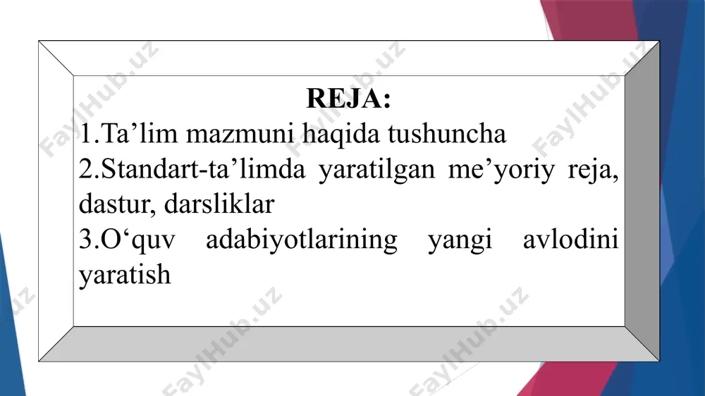 lliflik о‘quv dasturi darslik muayyan о‘quv fani bо‘yicha ta’lim maqsadi, о‘quv dasturi va didaktik talablarga muvofiq belgilangan ilmiy bilimlari tо‘g‘risidagi ma’lumotlarni beruvchi manba bо‘lib, u mazmuni va tuzilishiga kо‘ra fan bо‘yicha yaratilgan о‘quv dasturiga mos keladi davlat ta’lim standartlari о‘rta maxsus, kasb-hunar ta’limi mazmuni va sifatiga qо‘yiladigan talablarni belgilaydigan meyoriy hujjat davlat ta’lim standartlari tarkibiy tuzilishiga kо‘ra quyidagilardan iboratdir: 1. ta’limning yangi yoki aniqlashtirilgan maqsadlari, fanning о‘rganish obyektlari va asosiy mazmunli yо‘nalishlari kо‘zda tutiladigan о‘quv fanining umumiy ta’rifi. 2. о‘quv fanining mazmuni, tayanch (invariant) darajasini tasvirlash. 3. ta’limning majburiy natijalarini ifodalash, ya’ni о‘quvchilarning о‘quv tayyorgarliklari zarur bо‘lgan minimal darajasiga talablar. 4. bilim, kо‘nikma va malakalarga qо‘yiluvchi talablar (bu ularning majburiy tayyorgarliklari darajasining “о‘lchami” bо‘lib, tekshirish ishlari, testlar va alohida topshiriqlarni bajarishlariga qarab о‘quvchilar tomonidan talablarning majburiy darajasiga erishilganligi haqidagi xulosaga kelinadi). № mavzu savollari bilaman bilishni istayman bilib oldim 1. davlat ta’lim standart haqida qanday ma’lumotga egasiz? 2. davlat ta’lim …