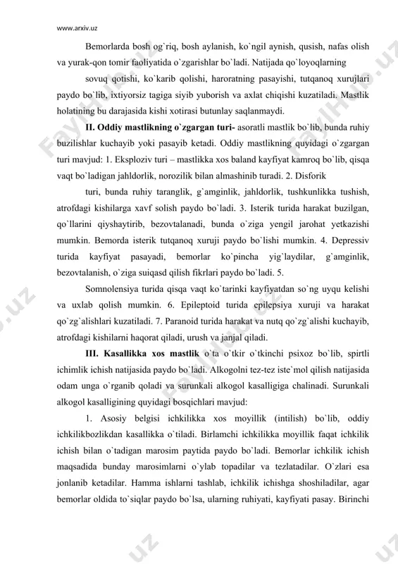 moyillik (intilish) bo`lib, oddiy ichkilikbozlikdan kasallikka o`tiladi. birlamchi ichkilikka moyillik faqat ichkilik ichish bilan o`tadigan marosim paytida paydo bo`ladi. bemorlar ichkilik ichish maqsadida bunday marosimlarni o`ylab topadilar va tezlatadilar. o`zlari esa jonlanib ketadilar. hamma ishlarni tashlab, ichkilik ichishga shoshiladilar, agar bemorlar oldida to`siqlar paydo bo`lsa, ularning ruhiyati, kayfiyati pasay. birinchi bosqichda bemorlar mast bo`lishlari uchun ichkilik miqdorini 2–3 barobar oshirib ichadilar. ichkilikka chidamlilikning oshishi qayt qilishning yo`qolishi bilan kuzatiladi va mastlik holatiga olib keladi. bemorlar bu mastlik holatidagi voqealarni xotirada saqlab qolmaydilar (giyohvand amneziya). 2. kasallikning birinchi bosqichdagi belgilarning kuchayishi bilan abstinent belgi (bosh og`riq) paydo bo`ladi. bunda bemorda mastlik tugashi bilan behollik va vegetativ o`zgarishlar kuzatiladi. bosh og`rig`i, bosh aylanishi, yurak urishi, yuz va ko`z olmasining qizarishi, tinka qurishi, lanjlik paydo bo`lishi bilan davom etadi. bu holat kecha-yu kunduz paydo bo`ladi. agar bemor ozgina ichsa, uning ahvoli yaxshilanadi. alkogolizm rivojlanib borsa, abstinent holati ham og`irlashib boradi. bunda vegetativ o`zgarishlar …