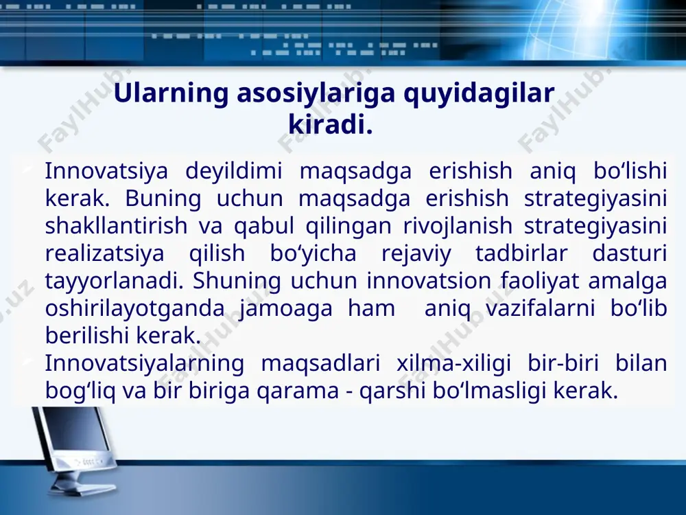 angi mahsulotlarni ishlab chiqarishda qatnashuvchi insonlarning xulq-atvori e’tiborga olinishi kerak; yaratilayotgan yangi mahsulotlar betakror bo’lishi lozim. foydalanilgan adabiyotlar molchanov n.n. innovatsionniy protsess: organizatsiya i marketing. sankt-peterburg., 1995. innovatsionniy menejment, spravochnoe posobie; nauka, sankt-peterburg,1997. zamt p. n, ipatov a. a.. kulagin a. s. innovatsionnaya deyatelnost v usloviyax rin­ka. spb.: nauka, 1994. kotler f. osnovi marketinga. per.s angl. m.: progress, 1992. hafwyww a. d. osnovi organizatsii reklami. m., 1992. statistika nauki i innovatsiy: kratkiy terminologicheskiy slovar / pod red. l. m. goxberga. m.: sisn, 1996. upravlenie issledovaniyami, razrabotaami i innovatsionnimi proektami / pod red. s v valdayseva. spb.: izd. spbgu, 1995. ilenkova s.d. innovatsionniy menejment. m.:- banki i birji, 1997. skamay l. riski v innovatsionnom predprinimatelstve. // risk. №5-6, 1998.