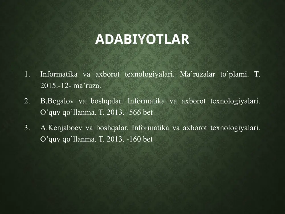 ga ega bo’ladi. komputerlarning qo’shimcha qurilmalari kompyuterdagi ma’lumot-larni ekranda tasvirlovchi qurilma. monitorlar oq-qora va rangli turlarga ega klaviatura- foydalanuvchi tomonidan ma’lumotlarni va boshqaruv buyruqlarini kompyuterga kiritishga mo’ljallangan qurilmadir. komputerlarning qo’shimcha qurilmalari printerlar kompyuterda olingan natijalarni, programma va ma’lumotlarni bosmaga chiqarish uchun ishlatiladi. printer yordamida matnlarni, grafiklarni, rasmlarni rangli va rangsiz ko’rinishda bosmaga chiqarish mumkin. printerlar asosan uch xil bo’ladi: matritsali, purkovchi va lazerli. printerlar matritsali lazerli purkovchi komputerlarning qo’shimcha qurilmalari sichqoncha – kompyuterga axborotni kiritishning koordinatali qurilmasi hisoblanadi. sichqoncha yordamida ma’lumotni kompyuterga kiritish tezlashtiriladi va kompyuter bilan foydalanuvchi muloqati engillashtiriladi. komputerlarning qo’shimcha qurilmalari skaner - matn, grafika, tasvirlarni kompyuterga kiritishni avtomatlashtirish uchun xizmat qiluvchi qurilma. komputerlarning qo’shimcha qurilmalari modem (faks-modem)- modem modulyatsiya, demodulyatsiya so’zlaridan olingan bilib, uzluksiz signallarni raqamli (modulyatsiya) va raqamli ma’lumotlarni uzluksiz (demodulyatsiya) signalga almashtirib beradigan qurilmadir. modem ichki va tashqi bo’ladi. multimedia qurilmalari kompyuter yordamida musiqa va ovozli ma’lumotlarni ko’rsatishni ta’minlovchi qurilma. bu qurilmalarga : kompakt disklarni …