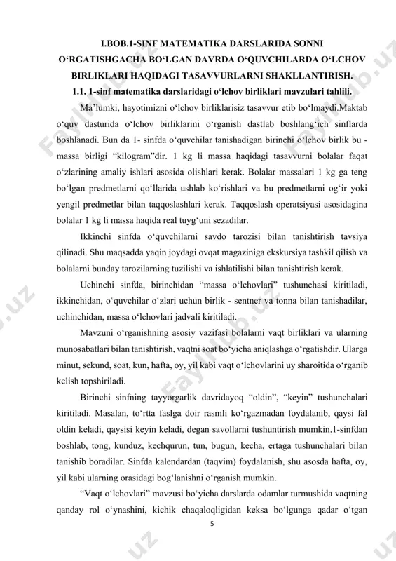 rganish mumkin. “vaqt o‘lchovlari” mavzusi bo‘yicha darslarda odamlar turmushida vaqtning qanday rol o‘ynashini, kichik chaqaloqligidan keksa bo‘lgunga qadar o‘tgan oraliqdagi odamlarning yoshi bo‘yicha bosqichlarini tushuntirish, suhbat uyushtirish mumkin. iv sinfda “vaqt o‘lchovlari” mavzui da yil, oy hafta, sutka, soat, minut kabi o‘lchov birliklari haqida tushuncha beriladi. ko‘rgazmali tushuncha berish uchun soat va undan foydalanishga kengroq to‘xtatilish kerak. i-iv sinflarda bolalar yil, oy, hafta, sutka, soat, minut, sekund, asr, “vaqt o‘lchovi” ning asosiy birliklari haqida aniq tasavvurga ega bo‘lishlari kerak. uzunlik mavzusini bolalarga tushuntirishdan oldin ularga dastlab to‘g‘ri chiziq haqida ma’lumot berish joiz. to‘g‘ri chiziqqa ta’rif berilmaydi. uni ko‘rsatmali qurollar yordamida tushuntirish mumkin. doskaga tekis uzun chiziq chiziladi va bolalarga bu to‘g‘ri chiziq ekani aytiladi. u tekis tog‘ri chiziq bo‘lib, cheki yo‘qdir. endi esa bolalarga kesma haqida tushuncha berish lozim. kesma bu to‘g‘ri chiziqning ikki cheti chegaralangan qismidir. kesmalar uzunligi turlichadir. kesma uzunligini, eng avvalo, taqqoslash bilan kesmalarning , “teng”, , …