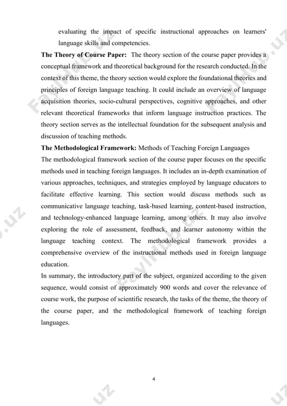 acilitate effective learning. this section would discuss methods such as communicative language teaching, task-based learning, content-based instruction, and technology-enhanced language learning, among others. it may also involve exploring the role of assessment, feedback, and learner autonomy within the language teaching context. the methodological framework provides a comprehensive overview of the instructional methods used in foreign language education. in summary, the introductory part of the subject, organized according to the given sequence, would consist of approximately 900 words and cover the relevance of course work, the purpose of scientific research, the tasks of the theme, the theory of the course paper, and the methodological framework of teaching foreign languages. chapter 1: communicative language teaching (clt) 1.1. introduction to communicative language teaching introduction to communicative language teaching (clt) offers an overview of an influential approach to language education that prioritizes the development of learners' communicative competence. communicative language teaching emerged as a …