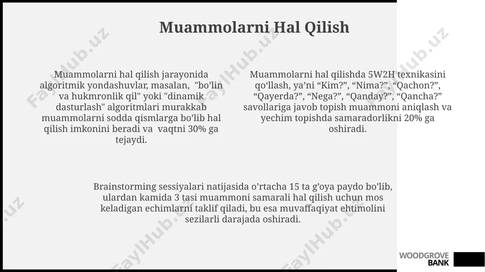 boʻlish samaradorlikni 20% ga oshirishi mumkin, chunki bu individual yondashuv va faol ishtirokni ta’minlaydi. woodgrove bank samaradorlikni baholash ish samaradorligini hisoblashda, kpi (kalit ishlash ko'rsatkichlari) yordamida 3 ta asosiy ko'rsatkich – sifat, miqdor va vaqtni hisobga olish tavsiya etiladi. samaradorlikni baholashda, 20% xodimlarning 80% ish hajmini bajarishi haqidagi pareto printsipi hisobga olinib, resurslarni samarali taqsimlashga e'tibor qaratish muhim. samaradorlikni baholashda, 360 daraja baholash usuli samaradorlikni turli burchaklardan, kamida 5 ta manbadan ma'lumot to'plash orqali aniqroq baholash imkonini beradi. woodgrove bank motivatsiya va rag'batlantirish muvaffaqiyatlarni muntazam ravishda taqdirlash va ijobiy natijalarni 20% ga ko'paytirish uchun rag'batlantiruvchi mukofotlar tizimini joriy etish kerak. individual yondashuv orqali har bir do'stning motivatsiyasi va qiziqishlarini aniqlab, ularga moslashtirilgan 5 ta mashg'ulot rejasi yaratish samaradorlikni oshiradi. gamifikatsiya yordamida, masalan, ballar yoki belgilar tizimi orqali, alpomishning do'stlarini 30% ga ko'proq rag'batlantirish mumkin. woodgrove bank e'tiboringiz uchun rahmat @taqdimot_robot woodgrove bank