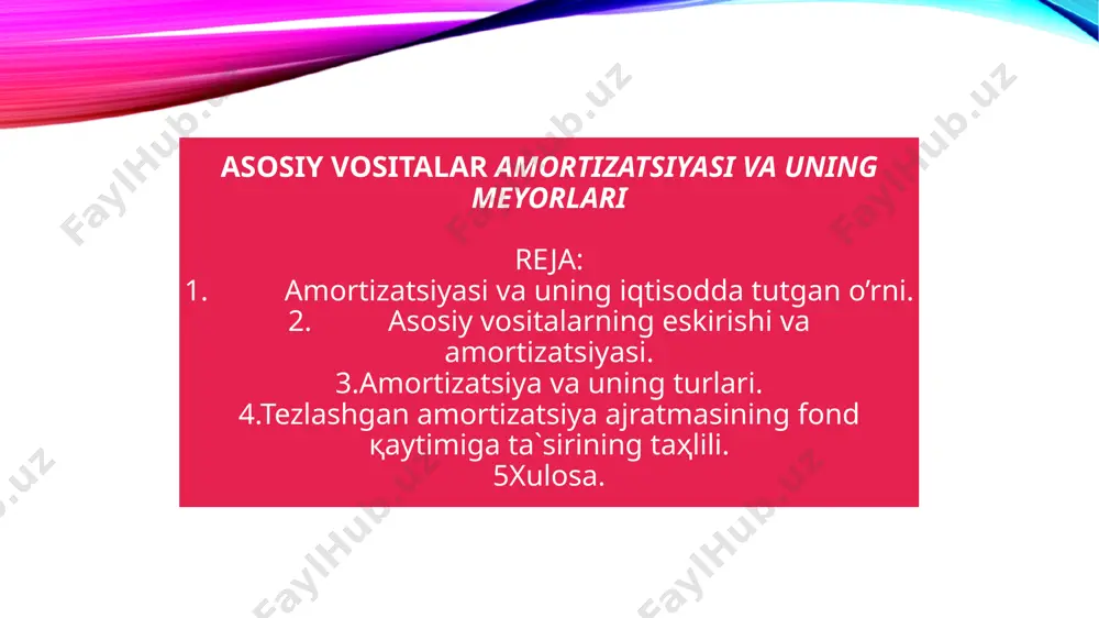 bul qilib olish vaqtida belgilashi mumkin. likvidatsion qiymatni ko‘zda tutish majburiy hisoblanmaydi. shuning uchun bu qiymat bo‘lmasligi ham mumkin. bunday holda asosiy vositaning amortizatsiyalanadigan qiymati bevosita uning boshlang‘ich qiymatidan iborat bo‘ladi. bir maromda hisoblash; bajarilgan ish hajmiga proporsional hisoblash; xizmat yillari yig‘indisiga proporsional hisoblash (kumulyativ usul); kamayib boruvchi qoldiq qiymatdan hisoblash. «asosiy vositalar» ga muvofiq (p.23,24) jamlangan amortizatsiya (eskirish) ni hisoblash qo‘yidagi usullar bo‘yicha amalga oshirilishi mumkin: hisob siyosatida amortizatsiya (eskirish) ni hisoblashning u yoki bu usulini doimiy tarzda tanlab olish yoki har to‘rtta usulni bir vaqtning o‘zida u yoki bu asosiy vositalar bo‘yicha belgilab olish mumkin. shuni ta’kidlash joizki, ushbu usullarni qo‘llashda amortizatsiya (eskirish) summasi turlicha bo‘lishi va u soliq kodeksida ko‘zda tutilgan bir maromda hisoblab chiqildan miqdordan kam yoki ko‘p bo‘lishi mumkin. shuning hisob siyosatida kam yoki ko‘p hisoblangan amortizatsiya (eskirish) summasini soliqga tortish jihatlari ham aniq belgilab olingan bo‘lishi lozim. amortizatsiya (eskirish) ni hisoblash usullarining moxiyatini, ularning …