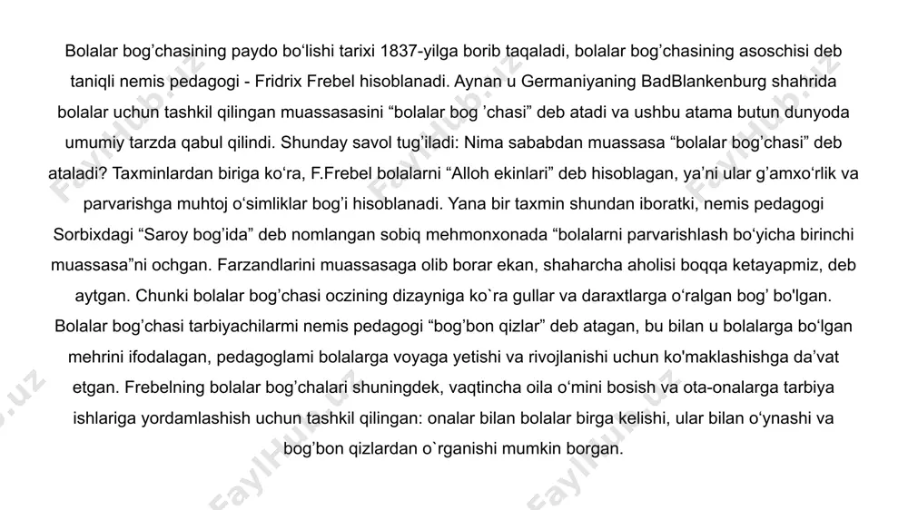 arorligi bilan shaming aksidir. shar nemis olimi tomonidan harakatlanish ramzi, kubik esa - barqarorlik ramzi, xilma-xillikda yagonalik ramzi hisoblanadi. shu narsa nazarda tutiladiki, kub yagona, ammo unga qaysi tomondan qarayotganingizga ko‘ra ko‘rinishi turlicha bo‘ladi: qirrasi, tomoni, uchi bilan. silindr shaming ham, kubning ham xossalarini birlashtiradi: u asosiga qo‘yilganda barqaror, yotqizilganda harakatlanadi uchinchi tuhfa - bu 8 ta kubikka bo‘lingan kub. ya’ni, kub o‘rtasidan bo‘lingan, har bir qismi esa - to‘rt bo`lakka buning yordamida, frebelning fikricha, bola butun narsa va uning tarkibiy qismlari haqida tasawurga ega bo‘ladi. shu tufayli bola o‘z ijodini rivojiantirish, kubiklardan narsalar qurish, ularni turlicha kombinatsiyalarga birlashtirish imkoniga ega bo`ladi to`rtinchi tuhfa - bu o‘sha o‘lchamli kub bo‘lib, u 8 ta plitkaga bo‘lingan. ya’ni, kubik o‘rtasidan bo‘linadi, har bir qismi esa - to‘rtta cho‘ziq plitkaga bo‘linadi. har bir plitkaning uzunligi kubik tomoniga teng, qalinligi ushbu tomonning to‘rtdan bir qismiga teng oltinchi tuhfa - bu ham 27 ta kubikka …