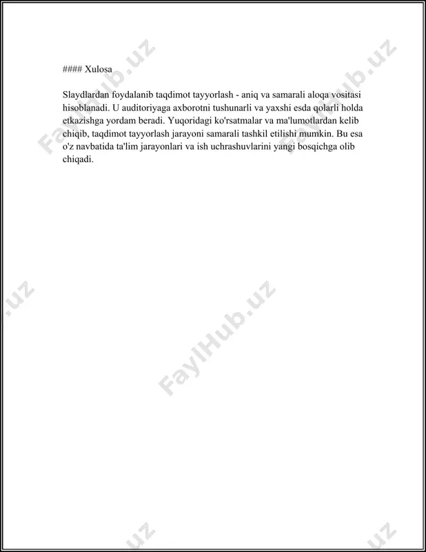 nlash orqali yangi prezentatsiya yaratishingiz yoki turli xil mavzular va uslublar uchun tayyorlangan shablonlardan foydalanishingiz mumkin. - shablonlar foydalanishga qulay bo'lib, ular dizayn va formatlaringizni tezda tayyorlashga yordam beradi. 3. **slayd qo'shish va o'zgartirish**: - prezentatsiyaga yangi slayd qo'shish uchun "slayd" menyusidan "yangi slayd" ni tanlang yoki "ctrl" va "m" tugmalarini bosing. - motorlar orqali shriftlar va ranglarni o'zgartiring yoki turli xil sahna dizaynlarini tanlash orqali slaydning ko'rinishini moslang. 4. **matn va tasvirlar bilan ishlash**: - matn qutilariga matn qo'shish uchun tegishli joyni tanlab, yozishni boshlang. - tasvir qo'shish uchun "kiritish" menyusidan "tasvir"ni tanlang va kompyuteringizdan yuklang yoki google drive va internetdan qidirib yuklang. 5. **ob'ekt va shakllar**: - grafik elementlar qo'shish uchun "shakl qo'shish" menyusidan har xil geometrik va boshqa shakllarni tanlang. - shakllarni surish va uslubini o'zgartirishga yordam beradigan usullardan foydalanib, ularni joylashtiring. 6. **animatsiyalar va o'tishlar**: - slaydlar o'rtasida o'tishlar qo'shish uchun slaydni tanlang, keyin "o'tish" panelini …