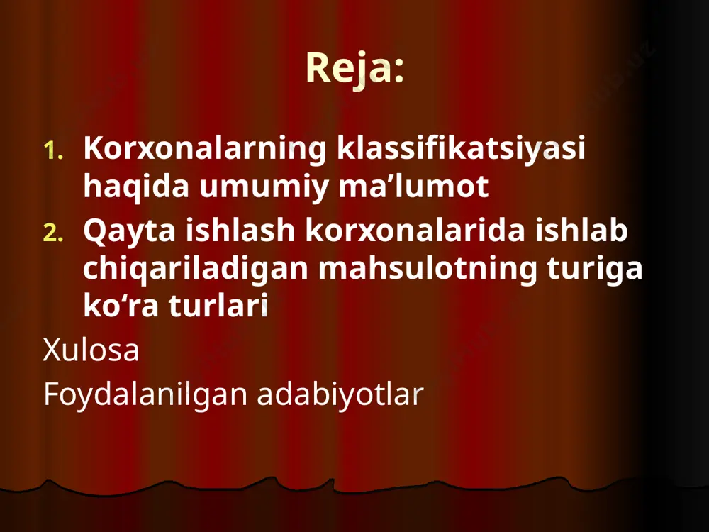 rayonlarining ko‘pgina bosqichlaridan o‘tmagan va sovutilgan holatda saqlanadigan), muzlatilgan qalampir, antiseptiklar yordamida konservalangan meva mahsulotlarini bunday usulda tayyorlash mumkin. konserva korxonalarining tarkibiga asosiy ishlab chiqarish sexlari va yordamchi sexlar kiradi. ishlab chiqarish sexlarida (sharbat, marinad, tuzlash va hokazo) asosiy mahsulotlar konservalari ishlab chiqariladi. tunuka, yog‘och, mexanik sexlari, shuningdek bug‘xonalar yordamchi sexlar qatoriga kiradi. bu sexlarda konserva idishlari tayyorlanadi (yashik, tunuka bankalar, bochkalar), bug‘ ishlab chiqariladi, uskunaiar sozlanadi. xulosa korxonalarning asosiy kamchiligi: ularning ishlash muddati xom ashyoning pishib etilishiga bog‘liq. ishlash muddatini uzaytirish maqsadida korxonalarda yozgi mavsumda yarimfabrikatlar tayyorlanadi va katta sig‘imlarda aseptik usulda saqlanadi, qishda esa ular qayta ishlanadi va mayda idishlarga quyib chiqariladi. pomidor qaylasi, uzum va olma sharbati (qayta ishlash jarayonlarining ko‘pgina bosqichlaridan o‘tmagan va sovutilgan holatda saqlanadigan), muzlatilgan qalampir, antiseptiklar yordamida konservalangan meva mahsulotlarini bunday usulda tayyorlash mumkin. foydalanilgan adabiyotlar oripov r., sulaymonov i., umirzoqov e. qishloq xo‘jalik mahsulotlarini saqlash va qayta ishlash texnologiyasi. – t., o‘qituvchi, …