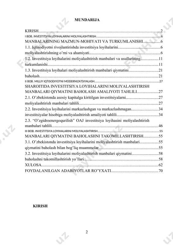 ning yuqori sur’atlar bilan barqaror o’sishini ta’kidlar ekanmiz, buning boisi va omilini avvalambor iqtisodiyotimizga yo’naltirilgan kapital mablag’lar, investitsiyalar tobora o’sib borayotganida, bu ko’rsatkich yalpi ichki mahsulotga nisbatan 22,9 foizni tashkil etganida, deb hisoblashimiz zarur. o’tgan yilda iqtisodiyotimizga 11 milliard 700 million dollar miqdorida ichki va xorijiy investitsiyalar jalb etildi yoki bu boradagi ko’rsatkich 2011 yilga nisbatan 14 foizga o’sdi. jami investitsiyalarning 22 foizdan yoki 2 milliard 500 million dollardan ortig’ini xorijiy investitsiyalar tashkil etdi, ularning 79 foizdan ko’prog’i to’g’ridan-to’g’ri xorijiy investitsiyalardir”[footnoteref:1] deb ta’kidlagan. [1: karimov i.a. bosh maqsadimiz – keng ko’lamli islohotlar va modernizatsiya yo’lini qat’iyat bilan davom ettirish. – toshkent: o’zbekiston, 2013. - 7 b. ] milliy iqtisodiyotning yangi sifat holatiga erishuvi uchun iqtisodiy siyosat sohasida yangi mezonlar va maqsadlar joriy etilishi talab qilinadi. faqat erishilgan yutuqlarni shunchaki mustahkamlash emas, balki iqtisodiy o’sishning yangi sifatini ta’minlaydigan chora-tadbirlarni amalga oshirish lozim bo’ladi. investitsiya loyihalarini moliyalashtirish manbalari qiymatini baholashda investitsiyalarning salmog’ini …