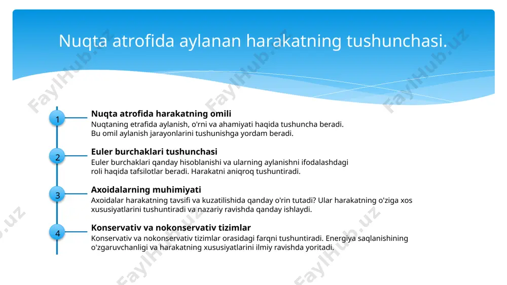 dasturlashda o'zgaruvchan va o'zgarmaydigan elementlar mavjud. o'zgaruvchan elementlar harakatni o'zgarishi mumkin bo'lgan tizimlarni ifodalaydi. euler burchaklari va mexanik similarlik euler burchaklari va mexanik similarlik, harakatni aniqlashda yordam beradi. bu konseptlar mexanikani tushunish va amaliyotlarini aniqlashda ko'rsatiladi. konservativ tizimlar va ulardagi energiya qonuniyatlar konservativ tizimlar konservativ tizimlar, energiya saqlashda ishtirok etmaydigan tizimlardir. ularning potensial energiyasi oʻzgarmaydi va oʻzgaruvchan ish qiladi. energiya qonuniyatlar energiya qonuniyatlar, energiyaning oʻzgarishi va aylanishi haqida amalga oshirilgan qonunlardir. ularning jiddiy ahamiyati energiya muhofazasi va ishlashida yorqinlik koʻrsatadi. tizimlar oʻrtasidagi energiya almashinuvi konservativ tizimlar oʻrtasidagi energiya almashinuvi, energiyaning oʻzgarishi yoʻq boʻlgan tizimlar orasidagi almashinuvi hisoblanadi. bu tizimlar potensial energiya va kinetik energiya oʻrtasidagi almashinuvni tushuntiradi. nokonservativ tizimlarning xususiyatlari va amaliyoti 1 nokonservativ tizimlar - nokonservativ tizimlar, energiya yoʻqolishi yoki olib tashlash xususiyati bilan ajralib turadi. ular oʻzgaruvchan kuchlar orqali ishlaydi. 2 energiya yoʻqolishi - nokonservativ tizimlarda, energiya yoʻqolishi sodir boʻladi va sistem energiyani saqlashni yoʻqotadi. misol uchun, friksiya …