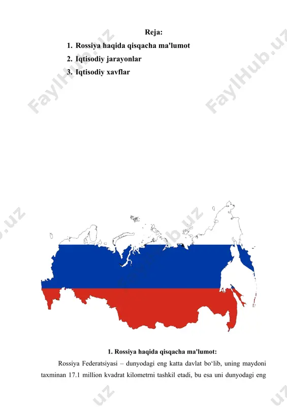 rish jarayonlariga ega. mashinasozlik, kimyo sanoati, metallurgiya, avtomobil sanoati, aviatsiya va kosmik sanoat kabi sohalar rossiyaning iqtisodiy rivojlanishiga katta hissa qo‘shmoqda. rossiya avtomobil sanoati rivojlanishining muhim bosqichiga yetgan va mahalliy ishlab chiqarilgan avtomobillar, texnikalar va mexanizmlar nafaqat ichki bozorga, balki eksportga ham yo‘naltirilgan. · qishloq xo‘jaligi: rossiya qishloq xo‘jaligi sohasida ham katta ahamiyatga ega. bug‘doy, jo‘xori, kartoshka, sabzavotlar, mevalar, shuningdek, sut, go‘sht va boshqa chorvachilik mahsulotlari ishlab chiqariladi. rossiya 2010-yillar oxirlarida qishloq xo‘jaligi sohasida o‘zining eksportini kengaytirish va o‘z ichki bozorini ta’minlash uchun turli strategiyalarni amalga oshirdi. rossiya jahon bozorida bug‘doy yetkazib berish bo‘yicha yetakchi davlatlardan biridir. · energetika: rossiya dunyoning eng yirik neft va gaz ishlab chiqaruvchilaridan biri bo‘lib, ushbu soha uning iqtisodiyoti uchun asosiy daromad manbaidir. rossiyaning neft va gaz sanoati rossiya davlatining iqtisodiy barqarorligini saqlashda muhim o‘rin tutadi. rossiya nafaqat ichki ehtiyojlarini qondiradi, balki butun dunyo bo‘ylab energiya resurslari eksportini amalga oshiradi. rossiyaning neft va gaz eksporti, …