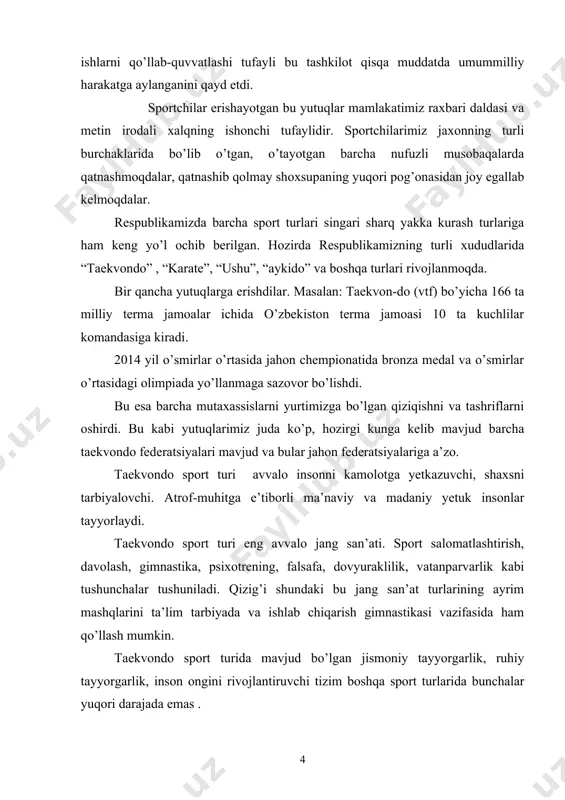 zallaridan foydalanish. jismoniy rivojlantirish jarayonida ish qobiliyatlarini oshirishda turli tiklanish vositalarini qo’llash va ulardan foydalanish. o’zbekistonda kadrlar tayyorlash milliy dasturini amalga oshirishda yangi pedagogik texnologiyalar asosida taekvondochilarning yuqori mashg’ulotlarini tashkil qilish davr talabi. ishining ilmiyligi. taekvondochilarning umumiy jismoniy tayyorgarligini oshirish usullariga o’rgatishda mashg’ulotlar jarayonini samarali tashkil qilish va o’tkazish uslublari tahlil qilindi. taekvondochini taekvondo mashg’ulotlarida yuqori o’zlashtirishga erishishlarini ta’minlash maqsadida pedagogik texnologiya usullaridan mashg’ulot o’tkazish yo’llari tavsiya qilindi. taekvondochini texnik-taktik maxoratlarini yuqori ko’rsatkichlarga erishtirishda jismoniy tayyorgarlik jarayonidan foydalanish asosiy vosita ekanligi ko’rsatib berildi. ishining amaliy ahamiyati: taekvondochilarning umumiy jismoniy tayyorgarligini oshirish usullariga o’rgatishda mashg’ulotlar jarayonini samarali tashkil qilish va o’tkazish uslublari tahlil qilish. ishining obьekti. bolalar o’smirlar sport maktablari, sport kollejlari, taekvondo sektsiyalarida mashg’ulotlar jarayonidan foydalanish. bitiruv malakaviy ishning xajmi kirish, ikki bob, olti paragraf, xulosa va adabiyotlar ro’yxatidan iborat. i-bob. taekvondochilarning umumiy jismoniy tayyorgarligini oshirish usullari 1.1.taekvondo sport turiga umumiy ta’rif. bugungi taekvondo–nima o’zi? degan savol tug’iladi.hozirgi vaqtda taekvondo …