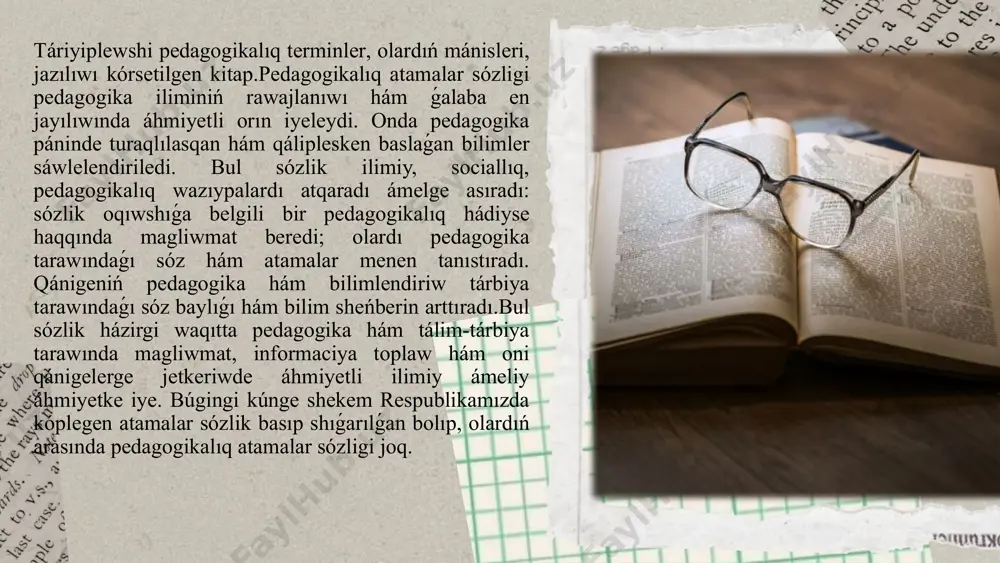 edi. hár bir til óziniń tariyxıy hám mádeniy kontekstinde pedagogikalıq áhmiyetli túsiniklerdi rawajlandırǵan. oqıw-metodikalıq qollanba - oqıtıwshılar hám studentler ushın bilimlendiriwdi shólkemlestiriw hám alıp barıwda járdem beriwshi material. metodika - oqıtıw hám tárbiyalawdıń usıl hám texnikaları haqqında ilimiy bilimler sisteması. individualizaciya - oqıw procesin hár bir oqıwshınıń imkaniyatları hám talaplarına beyimlestiriw. differencaciya - bilim beriw procesin oqıwshılardıń hár qıylı ózgeshelikleri hám qábiletlerine qarap ózgertiw. aktiv bilim beriw - oqıwshılardı belsendi qatnasıwshıǵa aylandırıwshı bilim beriw usılları (mashqalalı tapsırmalar, toparlıq jumıslar, rol oynaw hám basqalar). shólkemlestiriw formaları - bilimlendiriwdi shólkemlestiriwdiń usılları, máselen, sabaq, seminar, trening hám basqalar. kognitiv rawajlanıw - aqıl-biliw hám oylaw qábiletleriniń rawajlanıwı. kompetenciya - oqıwshınıń belgili bir iskerlikti orınlaw ushın zárúr bolgan bilim, kónlikpe hám uqıplılıqlardıń jıyındısı. bul atamalar pedagogika hám bilimlendiriw sisteması menen baylanıslı bolıp, bilimlendiriwdi nátiyjeli hám mazmunlı shólkemlestiriwde úlken áhmietke iye. avtoritar texnologiya. 1)dástúriy bilim beriw procesiniń kórinisi bolip, oqiw procesinde oqıwshı obyekt, oqıtıwshı subyekt sipatında …