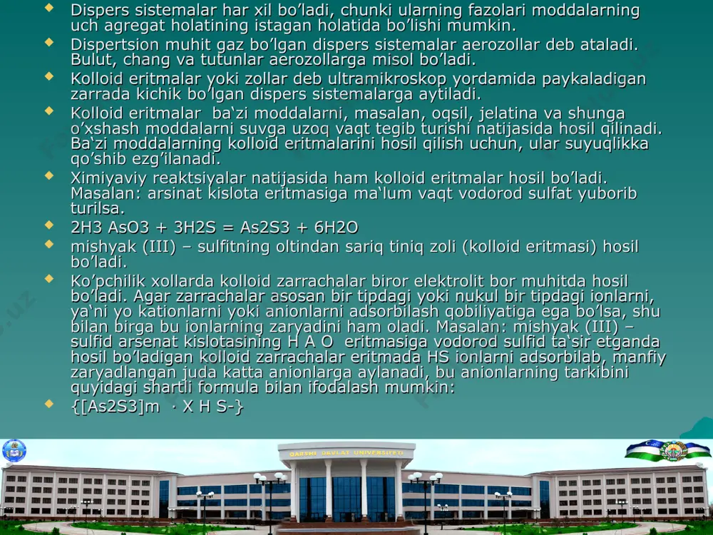 jasida erish protsessi boshlanadi. masalan: nacl - - > na+ + cl- h2o - - > h+ + oh- erish vaqtida erish protsessiga karshi kristallanish protsessi ham sodir bo’ladi. tarkibida erimay qolga modda erigan modda bilan muvozanat holatida bo’lgan eritmalar toyingan eritmalar deyiladi. moddaning biror erituvchida eriy olish xususiyati shu moddaning eruvchanligi deb ataladi. moddalarning eruvchanligi t, p, erituvchining tabiatiga bog’liq. gazlarning suyuqliklarda eruvchanligi genri qonuni bilan ifodalanadi. bu qonunga muvofiq o’zgarmas temperaturada ma‘lum hajm suyuqlikda erigan gazning massasi shu gazning bosimiga tug’ri proportsional bo’ladi. m=k p m – gazning massasi r - gazning bosimi k - propor koeffi-i. qattiq jismlarni eruvchanlikni egri chiziqlar bilan ifoda­lanadi. eruvchanlik temperaturaga, kontsentratsiyaga bog’liq. eritmalarning xossalari. eritmalarning xossalariga osmos bosim, eritmalarning bug’ bosimi, diffuziya, muzlash va qaynash temperaturalari kiradi. bir modda zarrachalarining ikkinchi modda ichida uz-uzicha taqsimlanish protsessi diffuziya deyiladi. agar erituvchi bilan eritma o’rtasiga yarim o’tkazgich parda qoysak, bu parda orqali erituvchi eritmaga …
