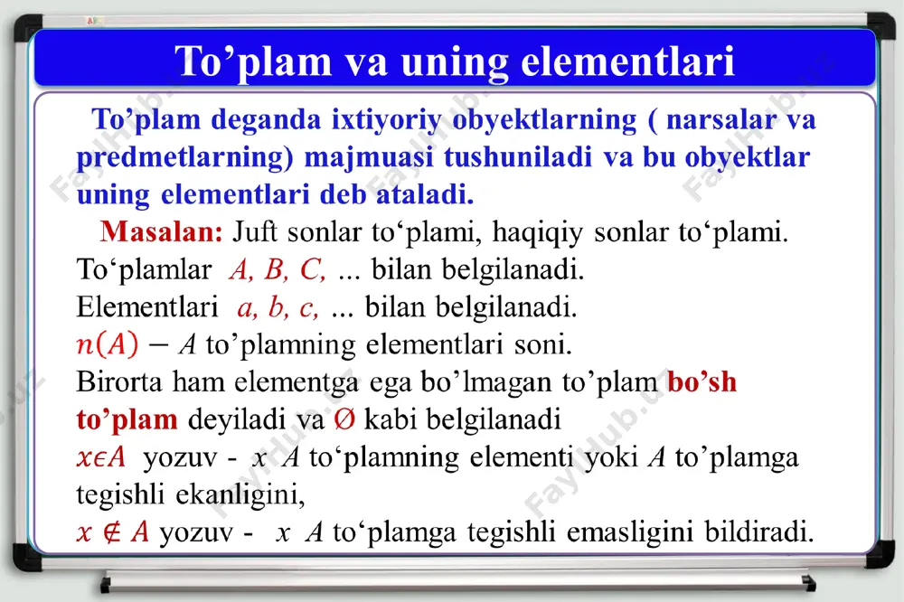 ishli bo'lmagan barcha elementlaridan tuzilgan to‘plamga aytiladi. a va b to‘plamlarning ayirmasi a b kabi belgilanadi. p= {30 ning bo‘luvchilari} va q = {40 ning bo‘luvchilari} bo‘lsin. p \ q ni toping? yechish: 30 ning bo‘luvchilari => 1,2,3,5,6,10,15,30. 40 ning bo‘luvchilari => 1,2,4,5,8,10,20,40. p= {1,2,3,5,6,10,15,30} va q = {1,2,4,5,8,10,20,40} javob: p \ q= {3, 6, 15, 30} 3-masala masalalar yechish 4-masala a = {1;2;3;4}, c  {x: x = 2n - 1, na} bo‘lsa, a⋂c to‘plamni aniqlang? a) {1; 3;4} b) {1; 3} c) {1; 2;3} d) {1; 2;4} yechish: c to‘plamning elementlarini aniqlashtiramiz: 2n – 1 dagi n ning o‘rniga a to‘plamning elementlarini qo‘yamiz. natijada , c ={1, 3, 5, 7 } hosil bo‘ladi. u holda a ={1;2;3;4}, c ={1,3,5,7 } bo’lib, a⋂c= {1,3} bo‘ladi. javob: b) a⋂c= {1,3} masalalar yechish 5-masala interval interval to’plamning qism to‘plamlari agar a to‘plamning hamma elementlari b to‘plamga tegishli bo‘lsa, a to‘plam b …