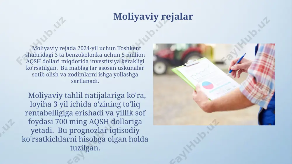 i afzal koʻrishlarini bildirishgan. bu esa brendning yuqori obro'siga va mijozlarning ishonchiga dalolat qiladi. barqarorlik strategiyasi samarqanddagi gaz tarqatish infratuzilmasini modernizatsiya qilish rejasi doirasida 2024 yilga qadar 20% energiya samaradorligini oshirish va barqarorlikni ta'minlash uchun yangi texnologiyalarni joriy etish nazarda tutilgan. 2023-yilgi toshkent shahridagi gaz ta'minoti bozor tahliliga ko'ra, barqarorlik strategiyasi sifatida 5 yillik shartnomalar tuzish va 10% zahira hajmini saqlash tavsiya etiladi. bozor tahlili андижон вилоятидаги бензин бозоридаги рақобат даражаси 80% гача етиб, 15 тадан ортиқ марканинг фаолият юритишини намоён қилмоқда. фарғона водийсидаги 5 та йирик шаҳарда ўтказилган сўровномада, 65% жавоб берувчилар маҳаллий газ маркаларига нисбатан хорижий брендларга ишонч билдиришган. e'tiboringiz uchun rahmat @taqdimot_robot image4.png image5.jpg image6.jpg image7.jpg image8.jpg image9.jpg image10.jpg image11.jpg image12.jpg image13.jpg image14.jpg image15.jpg image16.jpg image3.jpeg