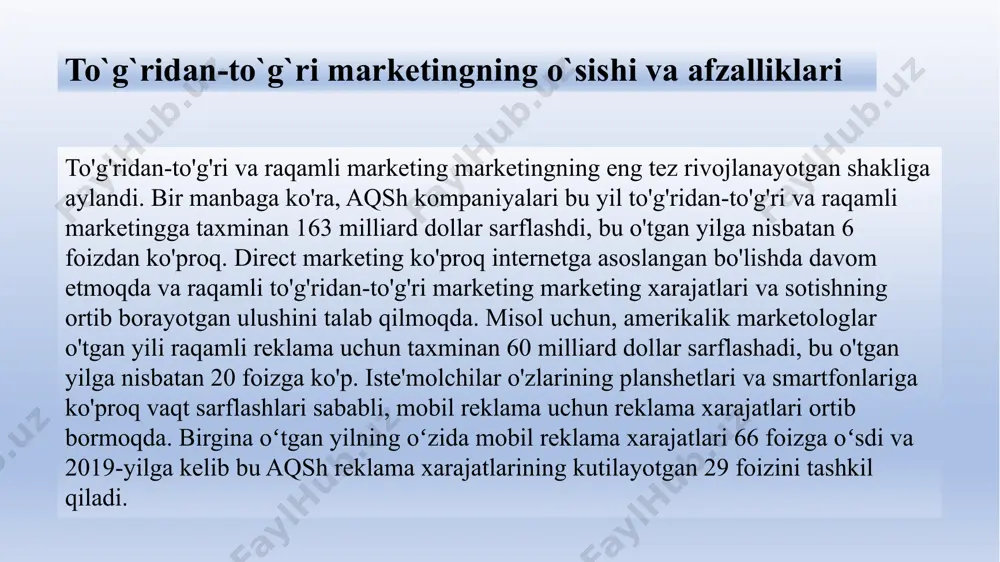 shda onlayn xarid qiladi. o'tgan yili aqshning onlayn chakana savdosi taxminan 350 milliard dollarni tashkil etdi, bu umumiy chakana savdoning taxminan 7,1 foizini tashkil etdi. rivojlanayotgan bozorga erishish uchun ko'pchilik kompaniyalar hozirda onlayn bozorga kirishmoqda. ba'zi kompaniyalar faqat onlayn rejimda ishlaydi. ular orasida amazon, overstock.com va expedia.com kabi elektron sotuvchilardan tortib to qidiruv tizimlari va portallargacha (masalan, google, bing, yahoo!) va onlayn ijtimoiy media (facebook, twitter, youtube, instragram va snapchat). marketing, internet va raqamli asr omnichannel marketing - bu brendlash, xabar almashish, onlayn va oflayn aloqa nuqtalarining uzluksiz integratsiyasi bo'lib, iste'molchilar savdo yo'nalishi bo'ylab pastga siljiydi, bu esa mijozlarga yanada ta'sirchan tajriba yaratish imkonini beradi. omnichannel marketing marketing taktikasining iste'molchiga qaratilgan ko'rinishini oladi. iste'molchilar endi ijtimoiy tarmoqlardan tortib mijozlarga xizmat ko'rsatish telefonlarigacha son-sanoqsiz kanallarda brendlar bilan muloqot qilishlari mumkin. misol uchun: starbucks raqamli markleting onlayn marketing kompaniya veb-saytlari, onlayn reklama va aktsiyalar, elektron pochta marketingi, onlayn video va bloglardan foydalangan …