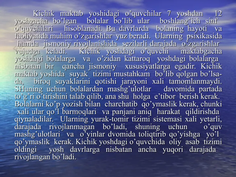 adi - miya po’stining analitik va sintetik funktsiyasi rivojlanadi, qo’zg’alish va tormozlanish jarayonlarining o’zaro munosabati sekin–asta o’zgaradi; tormozlanish protsessi ustunlik qiladi, shuning uchun kichik maktab yoshidagi bola yuksak darajada qo’zg’aluvchandir. 7 yoshdagi bolaninig jismoniy taraqqiyotini unchalik zo’r bermasdan va unchalik toliqtirmaslik 3–5 soat dars mashg’ulot o’tish va uy vafalarini bajarish imkonini beradi. ta’limning boshlanishi bilan bola psixikasida keskin o’zgarishlar ro’y beradi. u psixik tomondan qayta qurilishiga duch keladi. psixologik qayta qurilish boshlang’ich sinf o’quvchilarida ayniqsa, i–sinf o’quvchilarida qiyinchiliklarni paydo qiladi. bu qiyinchiliklar: 1. birinchi sinf o’quvchilari ko’p harakatlarni intizom qoidalari talab qilgan darajada chaqqonlik bilan, sifatli qilib bajara olmaydilar. lekin o’qish faoliyati doimiy ravishda intizom qoidalariga rioya qilishni, 35-45 minutlik darslarda sabr–toqat bilan o’tirishni, o’zini– o’zi tuta bilishni talab qiladi. 2. ta’limning butun mazmuni boladan ixtiyoriy jarayonlarini: ixtiyoriy diqqat, ixtiyoriy idrok, xotirani rivojlangan bo’lishini taqozo qiladi. lekin bolada hali bunday jarayon yetarli rivojlangan bo’lmaydi. 3.o’quvchi mustaqil fikr yuritishi, vazifalarni mustaqil …