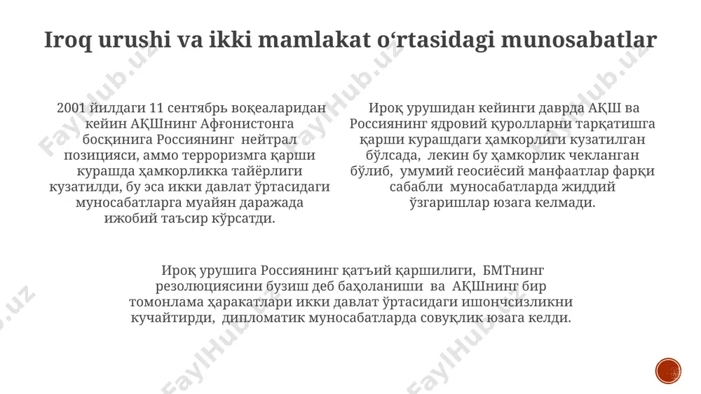 llaganligi va nato kengayishini tanqid qilgani ikki davlat o'rtasidagi ishonchsizlikni oshirdi. xxi asr boshida, 2001-yilgi 11-sentabr terroristik hujumlari aqsh va rossiya o'rtasidagi hamkorlikni, xususan, terrorizmga qarshi kurashda, vaqtinchalik kuchaytirdi, biroq bu hamkorlik uzoq davom etmadi. 2002-yilda moskva teatrida terroristlar tomonidan garovga olinganlarning ozod qilinishi jarayonida ikki davlat o'rtasida ma'lum darajada hamkorlik kuzatilsa-da, strategik farqlar va manfaatlar to'qnashuvi munosabatlarning asosiy muammosi bo'lib qoldi. qurol nazorati va strategik barqarorlik 2002 yilda imzolangan strt bitimi yadroviy qurollarni kamaytirish bo'yicha rossiya va aqsh o'rtasidagi muhim kelishuv bo'lib, 1550-1675 ta jangovar yadroviy zarba berish vositalariga cheklash belgilangan edi. 2000-yillar boshlaridagi strategik barqarorlikka raketaga qarshi mudofaa tizimlarining rivojlanishi jiddiy tahdid soldi, bu harbiy balansni buzishi mumkin edi va raketalarni yo'q qilishga qaratilgan harakatlarni kuchaytirdi. aqsh va rossiya o'rtasidagi qurol nazorati bo'yicha muzokaralar 2000-2010 yillardagi davrda ko'p marta to'xtab qoldi, natijada kelishuvlarga erishish murakkablashib, ikki tomonlama yadroviy tahdidlarni yanada kuchayishiga olib keldi. ikki tomonlama hamkorlik va kelishmovchiliklar …