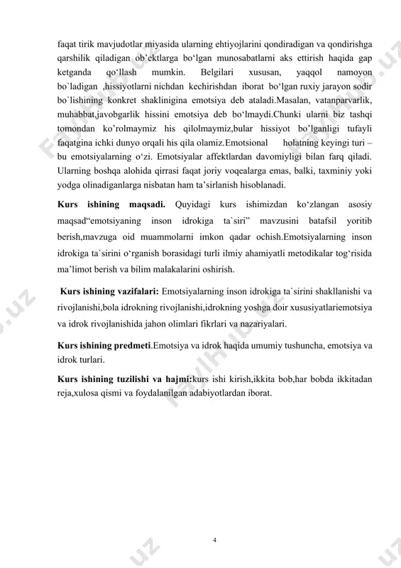 lib bo'lmaydi. hissiyotlar ham amaliy jihatdan hamroh bo'lgani uchun ta'lim jarayonida muhim ahamiyatga ega bilimning barcha jihatlari.emotsiyalar - bu cheklangan to'plamdan samarali foydalanish uchun psixofiziologik jarayonlar to'plami inson tanasining ish holati va rejimlarini nazorat qilish orqali hajmi jihatidan cheklangan tabiiy resurslar ehtiyojlarni qondirish uchun faoliyatning barcha bosqichlari :emotsiyalarning tabiati haqida savol tug'ilmagan turli, ba'zan qarama-qarshi nuqtai nazarlarning paydo bo'lishini qo'zg'atib, o'z yechimini topdi. gerbart i.f. asosiy psixologik fakt - bu vakillik va his-emotsiyalar, deb ishongan,odam boshdan kechirgan, yozish turli vakillar o'rtasida o'rnatiladigan va nizoga reaktsiya sifatida qaralishi mumkin bo'lgan aloqa spektakllar orasida. bundan tashqari, bu nuqtai nazarini v. vundt qo‘llab-quvvatlagan bo‘lib, u hissiyotlar ta’sir ostidagi g‘oyalarning o‘zgarishidir, deb ta’kidlagan.his-emotsiyalar, lekin uning fikricha, his-emotsiyalar ham vakillik tufayli o'zgarishi mumkin, organik jarayonlar esa faqat hissiyot mahsuli. v. vundt ham hissiy jarayonlar va holatlarning asosiy o'lchovlarini ajratib ko'rsatdi. jeyms-lang nazariyasi mavjud. nazariya,mustaqil ravishda amerikalik tomonidan taqdim etilgan faylasuf va psixolog v. jeyms va …