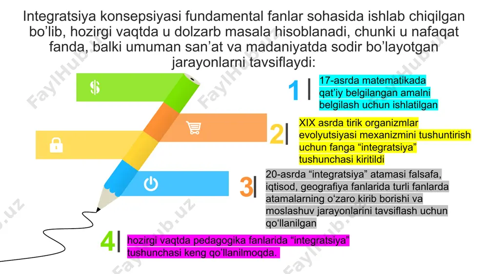 qan bo‘lib, yangilik kiritish degan ma’noni bildiradi mamlakatimizda pedagogik innovatsiyani rivojlantirish muammolari ustida pedagog olimlardan n.azizxo’jaeva, b.farberman, n.sayidahmedov r.mavlonova, u.nishonaliyev, m.ochilovlar ilmiy izlanishlar olib bormoqdalar. ta’lim integratsiyasi – fanlararo aloqaning yuqori darajasi, bir butun integrallashgan bilimlarni yaratishga imkon beruvchi vosita integratsiya tushunchasiga berilayotgan ta’riflar turlicha; ushbu ta’riflarning umumiylik tomoni - integratsiya bu atrofimizdagi borliqqa yaxlit qarashga erishishdan iborat. integratsiyaning asosini fanlararo aloqadorlik tashkil etadi va o‘zining rivojini integratsiya g‘oyasida topadi yu.m.kolyagin fikriga ko‘ra, ta’lim tizimida integratsiya ikki xil ma’noda qo‘llanilishi mumkin: 1. o‘quvchilarda atrofimizdagi olam haqida bir butun, yaxlit tasavvurni shakllantirish 2. predmetlardan beriladigan bilimlarni yaqinlashtirishning umumiy platformasini topish (bu yerda integratsiya-ta’lim vositasi hisoblanadi). ob’ektga doir integratsiya metodologik integratsiya muammoli integratsiya faoliyatga oid integratsiya amaliy integratsiya tushunchaga oid integratsiya nazariyaga oid integratsiya integratsiya ma’lum bir tarkibiy qismlarga ega : bunda bir ob’ektning turli fanlardagi timsollari bir mavzu, bo‘lim yoki kurslarga (yer, suv, havo, oziq-ovqat va boshqa) kiritiladi. . bunda umumiy …