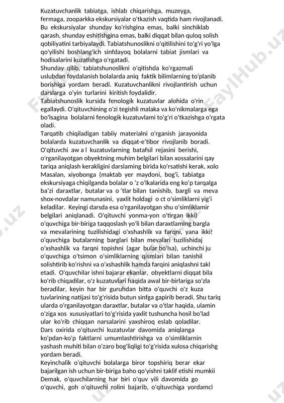 predmet ekskuisiyada o’iganilgan bo’lsa, alohida ahamiyat kasb etadi. ikkinchi guruhga har xil qurilma va inshootlar: shaxta, domna pechi, suv va shamol harakatlantiruvchilari kabilarning modellari kiradi. tabiatshunoslik bo’yicha mashg’ulotlarda qumdan, plas -tilindan yoki loydan yasalgan modellar qo’llaniladi, ular bolalarda hajmli hamda fazoviy tasavvurlar hosil qilishga yordam beradi. bu, ayniqsa, obyektni tabiiy holda ko’rsatish mumkin bo’lmagan taqd irda muhimdir. modellar tabiat, tabiiy inshootlar to’g’risidagi tasa vvurlarni mustahkamlash vositasi bo’lib xizmat qiladi. modellashtirish bo’yicha mashg’ulotlarni sinf yoki geografiya maydonchasidagi tabiatshunoslik va mehnat darslarida o’tkazish mumkin. modellashtirishdan ilgari o’zlashtirilganlarni mustah-kamlash va yangi material bilan tanishtirish, shuningdek, ekskursiyada olingan bilimlarni mustahkamlash uchun foydalanish mumkin. chunonchi, bolalarga ekskursiyada kuzatilgan yer yuzasining o’sha shakllarini plastilin bilan (qog’oz yoki kartonga) yopishtirish topshirig’ini berish lozim. o’qituvchi plastilin bilan tepalikni ifodalab uning pasti va uchini, yotiq va tik yon-bag’irliklarini yoki tekislikni ko’rsatishni; jarlik, daryo va uning qismlari, dengiz modellarini tayyorlashni taklif qilishi mumkin. uy vazifasi sifatida joyning relyefini yopishtirish va …