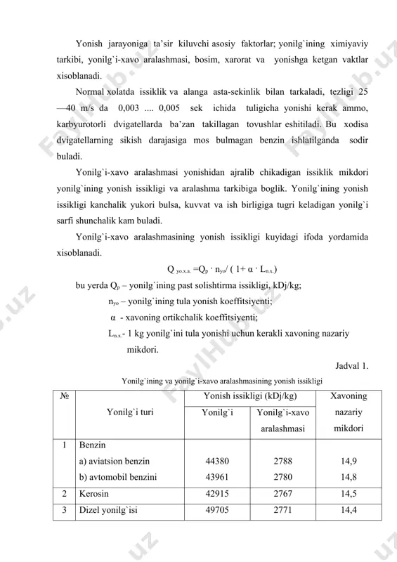 arayonini takomillashishiga boglik. normal yonishda sikish taktining oxirida yonilg`ining bir kismi alangalanib, alanga frontini siljishi ishchi aralashmaning issiklik utkazuvchanligi, issiklik uzatish va nur tarkatish xisobiga kengayib boradi. yonish natijasida bosim ortadi va aralashmaning yonmagan kismi alanga oldida siljib boradi. yonish tezligining maksimal kiymati xavoning ortikchalik koeffitsiyentiga tugri keladi. alanga frontining tarkalish tezligi 25…40 m/s aralashmaning bosimi va xaroratini oshishi bilan (xarorat 400…4500 s ga kutarilganda) yanada ortib boradi. dvigatel silindrida aralashma normal yonganda bosim bir tekisda oshib boradi, ammo bosim va xarorat oshishi bilan normal yonish tartibi buzilib detonatsion (portlab) yonishga utishi mumkin. yonilg`ini detonatsion (portlashsimon) yonishidan uning bir kismi yonishga ulgura olmaydi va chikarish kuvuridan kora tutun chikishiga sabab buladi. kizdirilgan gazlarning yonish kameralari devorlariga urilishi natijasida issiklik tarkatish kuchayadi, bu esa dvigatelni kizishiga va uning kuvvatini pasayishiga sabab buladi. dvigatel notekis ishlaydi, porshen, klapanlar va porshen xalkalari kuyadi, silindr-porshen guruxi detallari, xamda tirsakli val podshipnkilarining vkladishlarini yeyilishi tezlashadi. …