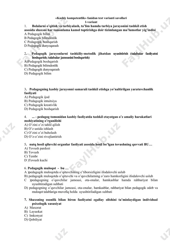 iyat bilan uyushtiradigan suhbati d) pedagogning o’quvchilar jamoasi, ota-onalar, hamkasblar, rahbariyat bilan pedagogik odob va muloqot talablariga muvofiq holda uyushtiriladigan suhbati 7. shaxsning osonlik bilan biron faoliyatni egallay olishini ta’minlaydigan individual psixologik xususiyat a) maxorat b) layuokat c) imkonyat d) qobiliyat 8. ……….. – nutq hosil qiluvchi organlar faoliyati asosida hosil bo’lgan tovushning sayqali, bezagi a) tovush pardozi b) tovush kuchi c) tembr d) tovush 9. ……….. (lot. “perceptio” – o’zlashtirish) – shaxsning ichki dunyosiga kira bilish, psixologik kuzatuvchanlik, o’quvchining psixik holatlarining nozik jihatlarini tushuna olish qobiliyati a psixologik kompetentlik b pedagogik qobiliyatni rivojlantirish c pertseptiv-pedagogik qobiliyatlar d psixologik kompetentlik 10. kasbiy faoliyatni tashkil etish jarayonida pedagog tomonidan o’zlashtirilgan orttirilgan bkm majmui bu... a) pedagogik tafakkur b) pedagogik takt c) pedagogik texnika d) pedagogik tajriba 11. pedagogik faoliyatda ilg’or tamoyil yoki g’oyani asoslash, yangi yo’l, usul yoki vositalarni tavsiya qilish, ularni amaliyotga tatbiq etishga qaratilgan ijodiy yondashuv bu....... a) pedagogik …