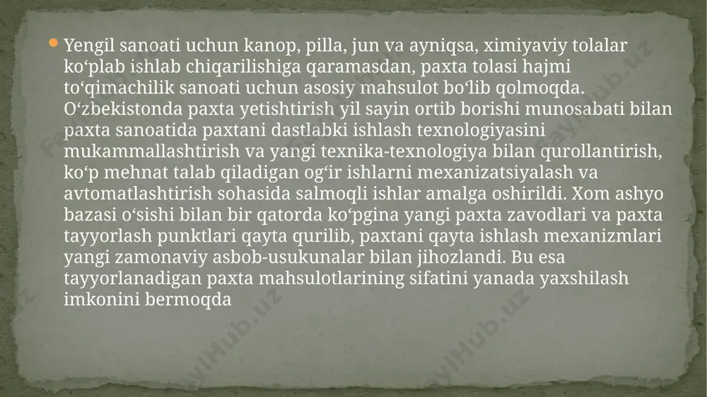 avsiya etilmaydi. paxtani maydonchalarda g‘aramlash faqat havo quruq paytida olib boriladi, yomg‘ir yoqqanda g‘aramlash taqiqlanadi. g‘aramga to‘kilgan paxta maydonning hamma joyiga bir tekis va bir xil qalinlikda joylashtirilishi lozim. g‘aramlangan paxtaning balandligi (uning cho‘kishigacha) sanoat navi va namligiga qarab quyidagi jadvalda ko‘rsatilgandagidek bo‘lishi kerak. namligi 20% dan ortiq paxta qts (quritish-tozalash sexi)yonida joylanadi, chunki bunday paxtalar ushlab turilmasdan zudlik bilan quritilishi va qayta ishlanishi lozim. namligi 14% gacha bo‘lgan paxtani ts (tozalash sexi) mintaqasida, 14% dan ortiq bo‘lganini esa qts mintaqasida joylash kerak. paxta g‘aramining shakllanishi va cho‘kishidan so‘ng, uning yon hamda burchak tomonlari terib tekislanadi. paxtani g‘aramlash vaqtida uning g‘aram maydonchasining yuzasida bir tekisda joylanishiga va zich shibbalanishiga e’tibor berish kerak. g‘aramning zichlanadigan chekkalari doimo g‘aramning o‘rta sathidan pastroq bo‘lishi lozim. quyidagi hollarda g‘aramlar mustahkamligi etarli darajada bo‘lmaydi va ular qulaydi: paxtaning pastki va keyingi qatlamlari yetarli darajada shibbalanmasa; g‘aram burchaklari noto‘g‘ri joylansa va yetarli darajada shibbalanmasa; g‘aramning butun …