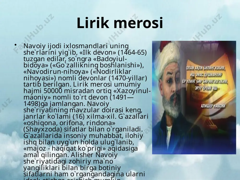 8) tazkirasi turk tilidagi yozilgan dastlabki tazkira bo`lib, unda shoir sakkiz majlis doirasida 459 shoir va adib haqida ma`lumot bergan. birinchi va ikkinchi majlisda tazkira tartib berilganda hayot bo`lmagan shoirlar, uchinchi majlisda shoirning zamondoshlari, to`rtinchi majlisda beshinchi majlisda xuroson, oltinchisida movaraunnahr, kichik osiyo va eron, yettinchi va sakkizinchi majlislarda temuriylar sulolasiga mansub ijodkor shoh va shahzodalar haqidagi ma`lumotlar jamlangan. asar fahriy hirotiy(1521-22), muhammad qazviniy(1522-23), shoh ali abdulali (1598) tomonidan uch marta fors tiliga tarjima qilingan. navoiy «muhokamatul-lug`atayn» asarini o`z zamonidagi turkiy lahjalar, ziyolilar nutqi, badiiy va ilmiy asarlarning leksik-grammatik xususiyatlarini forsiy til xususitlari bilan qiyoslashga bag`ishladi. jonli xalq tilida qo`llanilgan ko`plab so`zlarni asarga kiritib, adabiy tilda qo`llanilishiga sababchi bo`ldi. o`zigacha ishlatilgan so`zlarni yangi ma`no qatlamlarini ochdi. o`zbek tili grammatikasini mahmud koshg`ariydan so`ng ilmiy asosga soldi. o`zbek tilining badiiy va estetik imkoniyatlari kengayishiga sababchi bo`ldi. fors va turk tillarida yaratilgan eng yirik va e`tiborli asarlarga murojaat qildi, shoir va olimlarni til …