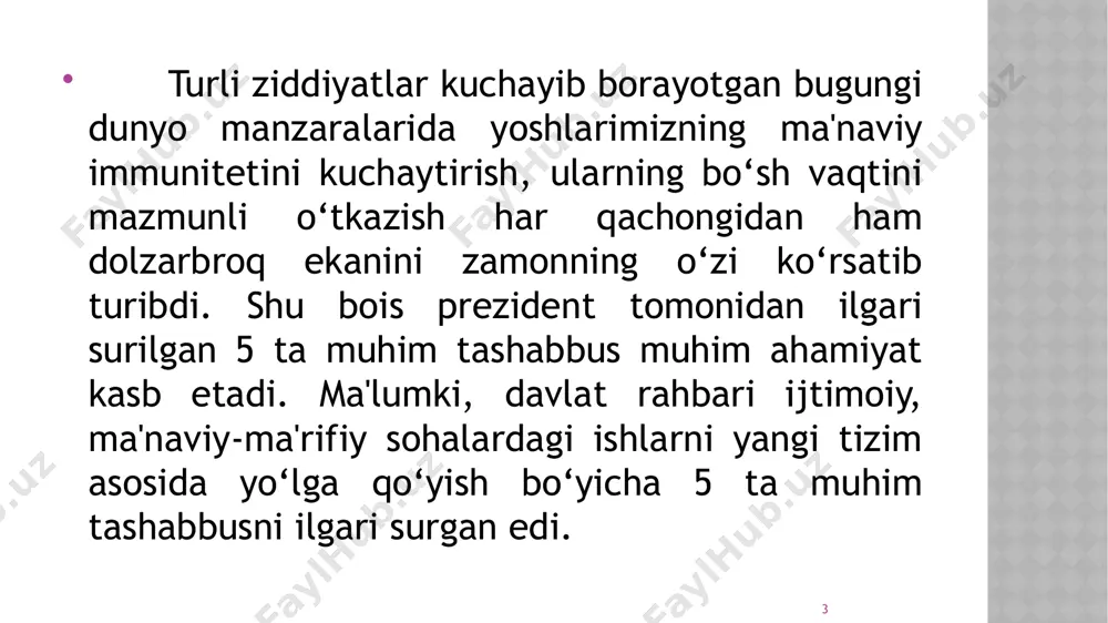 larni tumanlardagi madaniy ishlarga ko‘makchi sifatida biriktirish yaxshi natija berayotganini inobatga olib, bu tajribani butun mamlakatga yoyish bo‘yicha ko‘rsatmalar berildi. unga muvofiq, taniqli artistlar tuman va shaharlarga ijodiy maslahatchi sifatida biriktirilib, o‘sha joylarda madaniyat va san'atni rivojlantirishga mas'ul bo‘ladi, tuman va shaharlar hokimlari esa ushbu ishlarga moddiy va tashkiliy jihatdan yordam beradi. oliy va o‘rta maxsus ta'lim hamda xalq ta'limi vazirliklariga muayyan mavzular bo‘yicha tarix darslarini muzeylar, tarixiy obidalar, qadamjo va teatrlarda sayyor o‘tkazilishini tashkil qilish topshirildi. ikkinchi tashabbusga doir masalalar muhokama qilinar ekan, diyorimizda 12 mingdan ziyod sport inshootlari borligi, lekin yoshlarni jismoniy tarbiya va ommaviy sportga qamrab olish darajasi yetarli emasligi qayd etildi. umumta'lim maktablarining sport anjomlari bilan jihozlanish ko‘rsatkichi mamlakat bo‘yicha 56 foizni, jumladan, surxondaryo viloyatida 12 foizni, xorazmda 14 foizni, qoraqalpog‘istonda 15 foizni tashkil etadi, xolos. image2.png image3.png image4.jpeg image5.jpeg image6.jpeg image7.jpeg image8.jpeg image9.jpeg image10.jpeg image11.jpeg image12.jpeg image13.jpeg image14.jpeg image15.jpeg image16.png image17.png image18.jpeg image19.jpeg image20.jpeg image21.jpeg …
