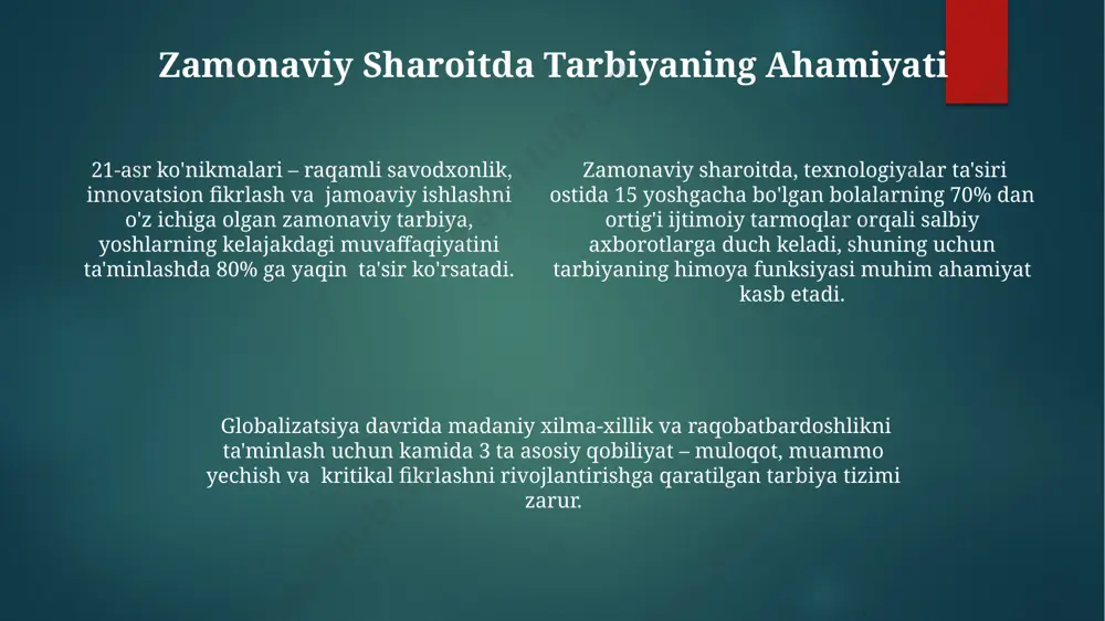 ashuv koeffitsiyentini aniqlashga imkon beradi. ijtimoiy tarbiya 3 asosiy elementni o'z ichiga oladi: oila, ta'lim muassasalari va jamoatchilik, ularning uyg'un hamkorligi yosh avlodning shaxs sifatida shakllanishiga ijobiy ta'sir ko'rsatadi. mustaqil fikrlash va tanqidiy yondashuvni shakillantirish mustaqil fikrlashni shakllantirishda 5 bosqichli modelni qo‘llash, har bir bosqichda 3 ta muhim ko‘nikmani rivojlantirishga qaratilgan holda, talabalarning tanqidiy tafakkurini 70% ga oshirishi mumkin. tanqidiy yondashuvni rivojlantirish uchun 4 ta asosiy strategiyaning (tahlil, sintez, baholash, yaratish) samaradorligini ta’minlash uchun kamida 20 ta amaliy mashqlar majmuasini qo‘llash tavsiya etiladi. mustaqil fikrlash va tanqidiy yondashuvni rivojlantirish jarayonida 80% muvaffaqiyat talabaning o‘z-o‘zini baholash va o‘ziga bo‘lgan ishonchini oshirishga bog‘liq. mehnat tarbiyasi mehnat tarbiyasi dasturida 20% nazariy bilimlar va 80% amaliy mashg'ulotlar, xususan, o'ziga xizmat ko'rsatish, uy ishlariga yordam berish kabilarni o'z ichiga oladi. mehnat tarbiyasi bolalarda 5-7 yoshdan boshlab, o'z kuchini, imkoniyatlarini anglash va mustaqil ishlash ko'nikmalarini shakllantirishga yo'naltirilgan bo'lib, jamiyatdagi o'rnini va mas'uliyatini anglashni o'z ichiga oladi. …